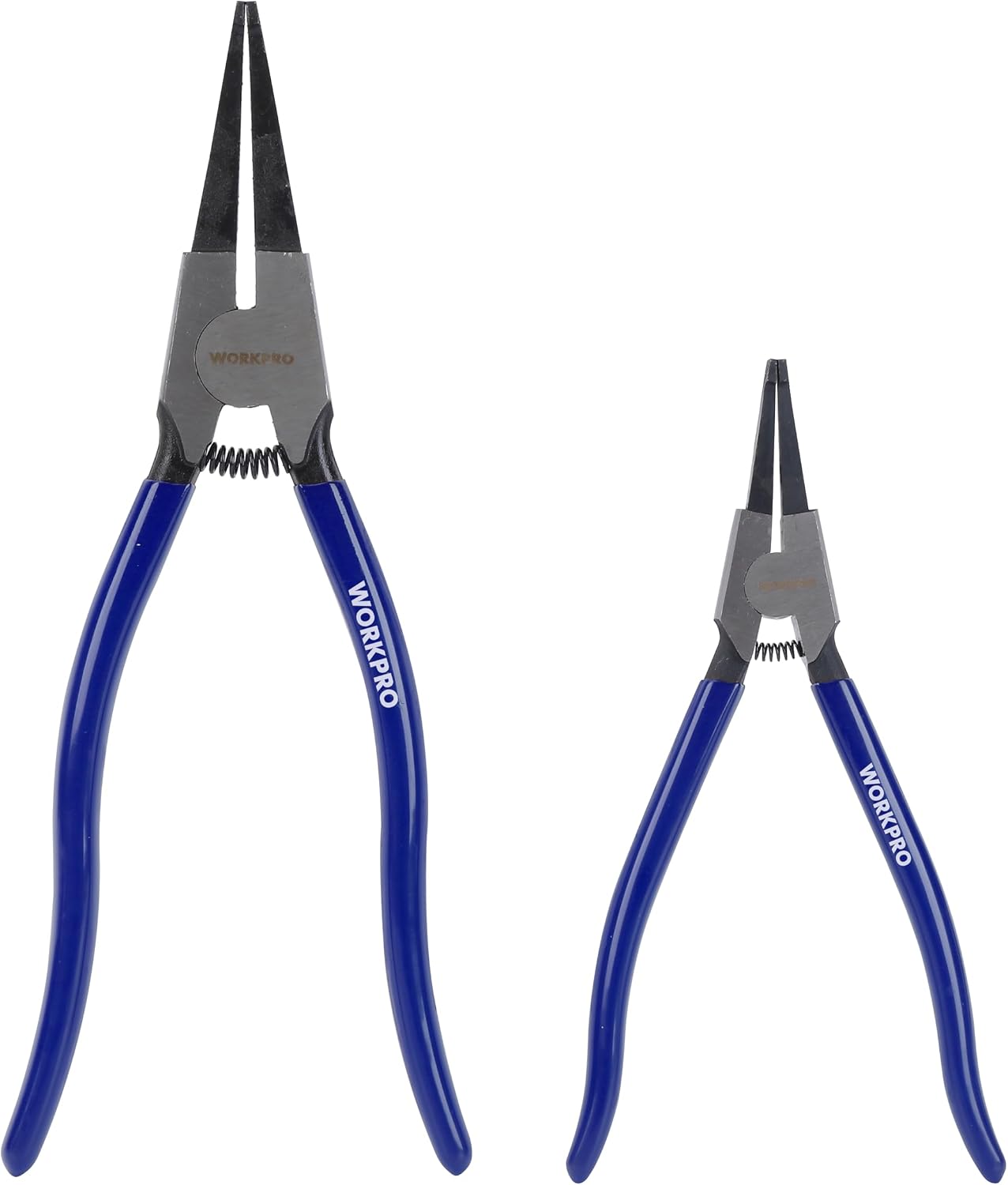 WORKPRO lock ring pliers set with blue grips, two sizes (8 in and 11 in)