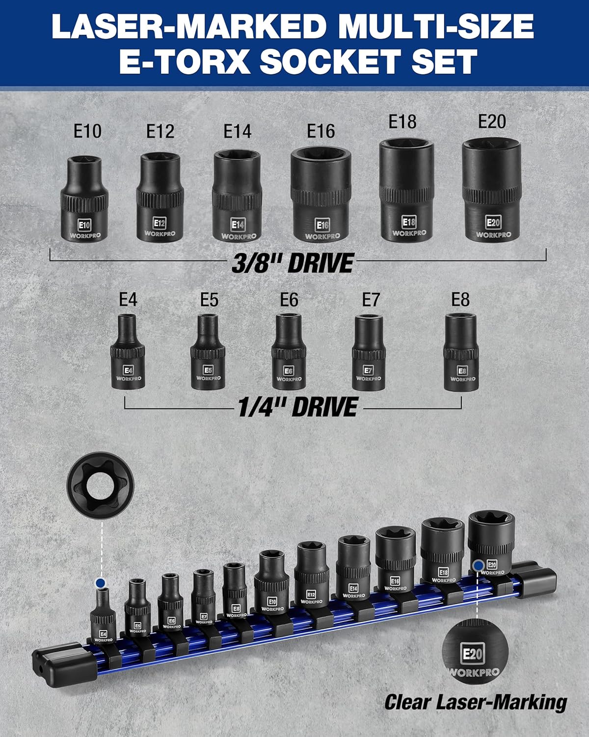 E-Torx socket set with 1/4 and 3/8 drive sockets on blue rail, E4–E20 marked