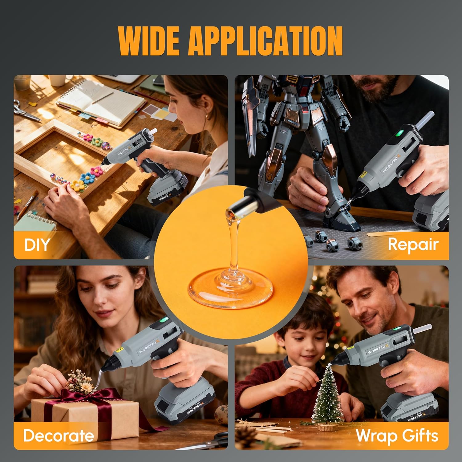 Cordless hot glue gun used for DIY crafting, gift wrapping, and home repairs scenes