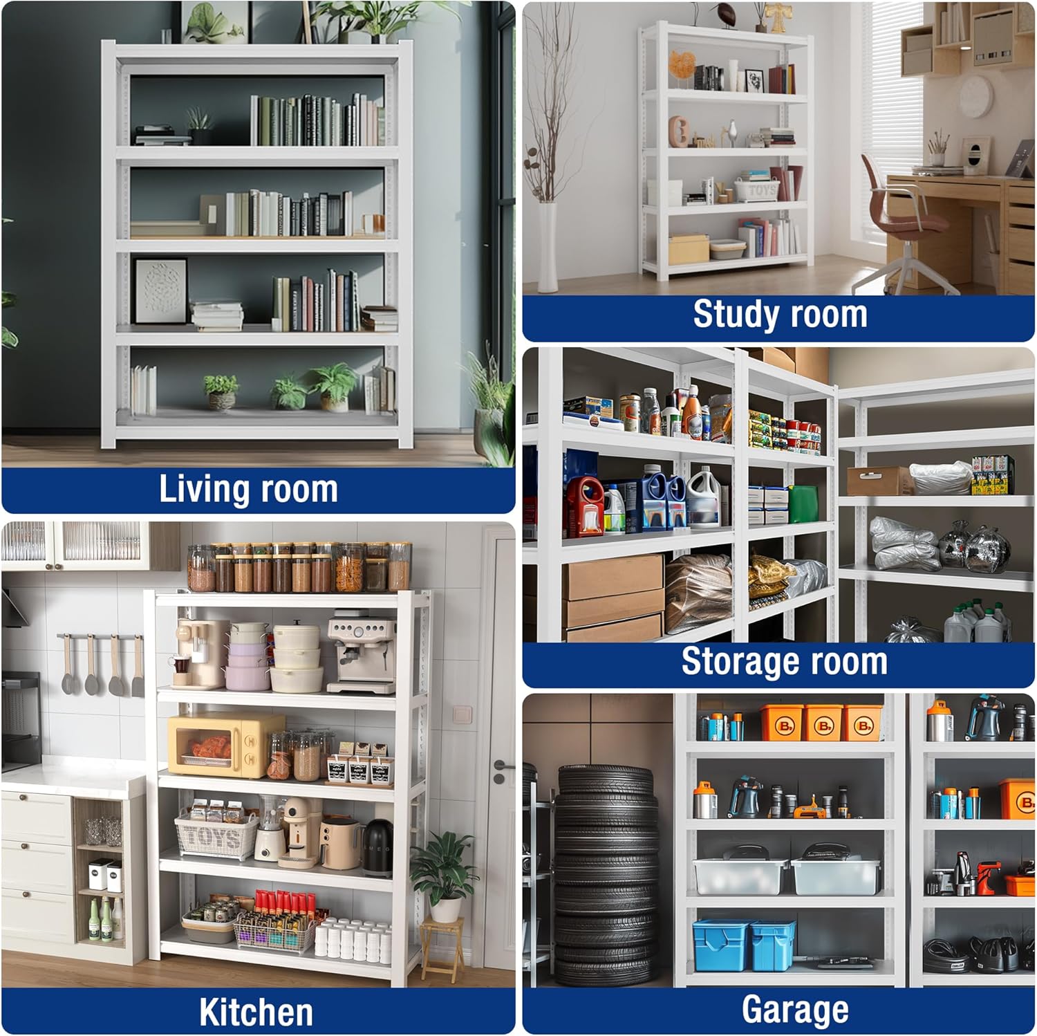 White 5-tier shelving unit shown in multiple rooms with open shelves and stored goods