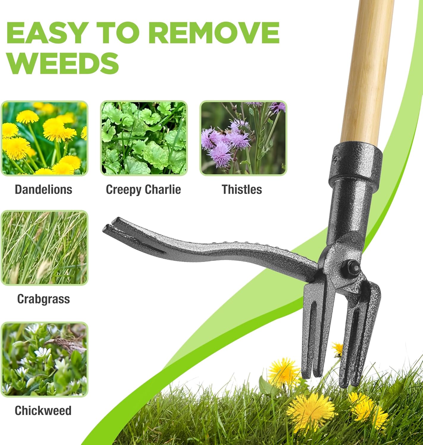 Stand-up weed puller tool with four-claw cast iron head on a bamboo handle