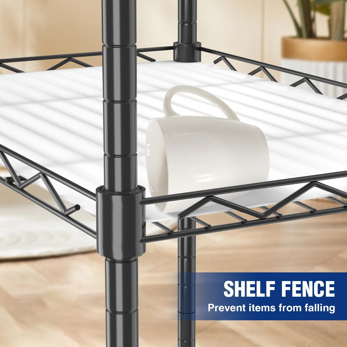 Black wire shelving shelf fence with raised bars to help prevent item spillage