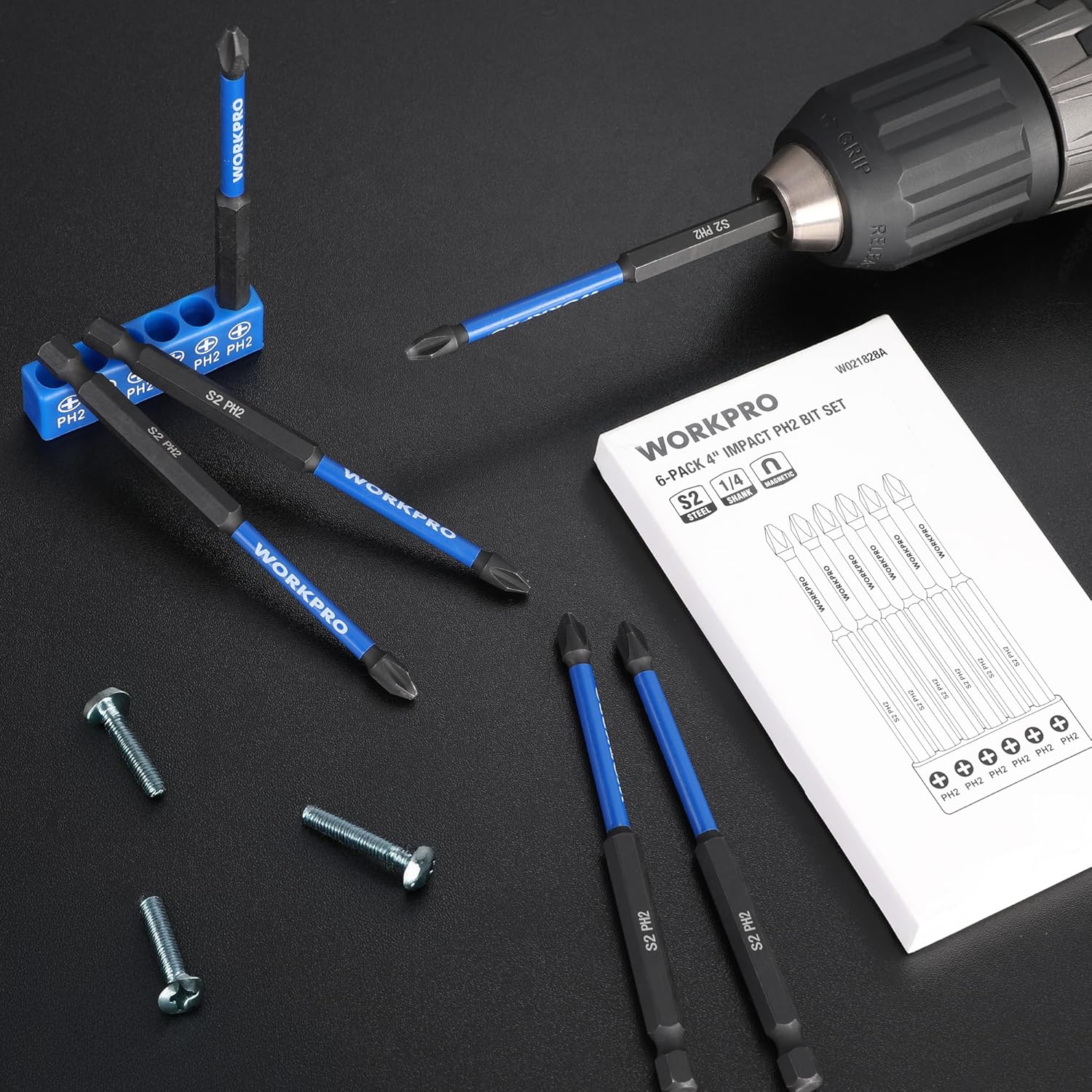 WORKPRO PH2 impact Phillips bit set with blue-and-black bits and 1/4 in hex shanks