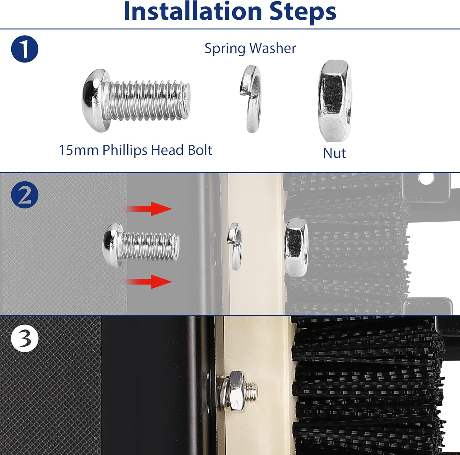 Boot brush scraper hardware with bolts and mounted scrubbing brush edge