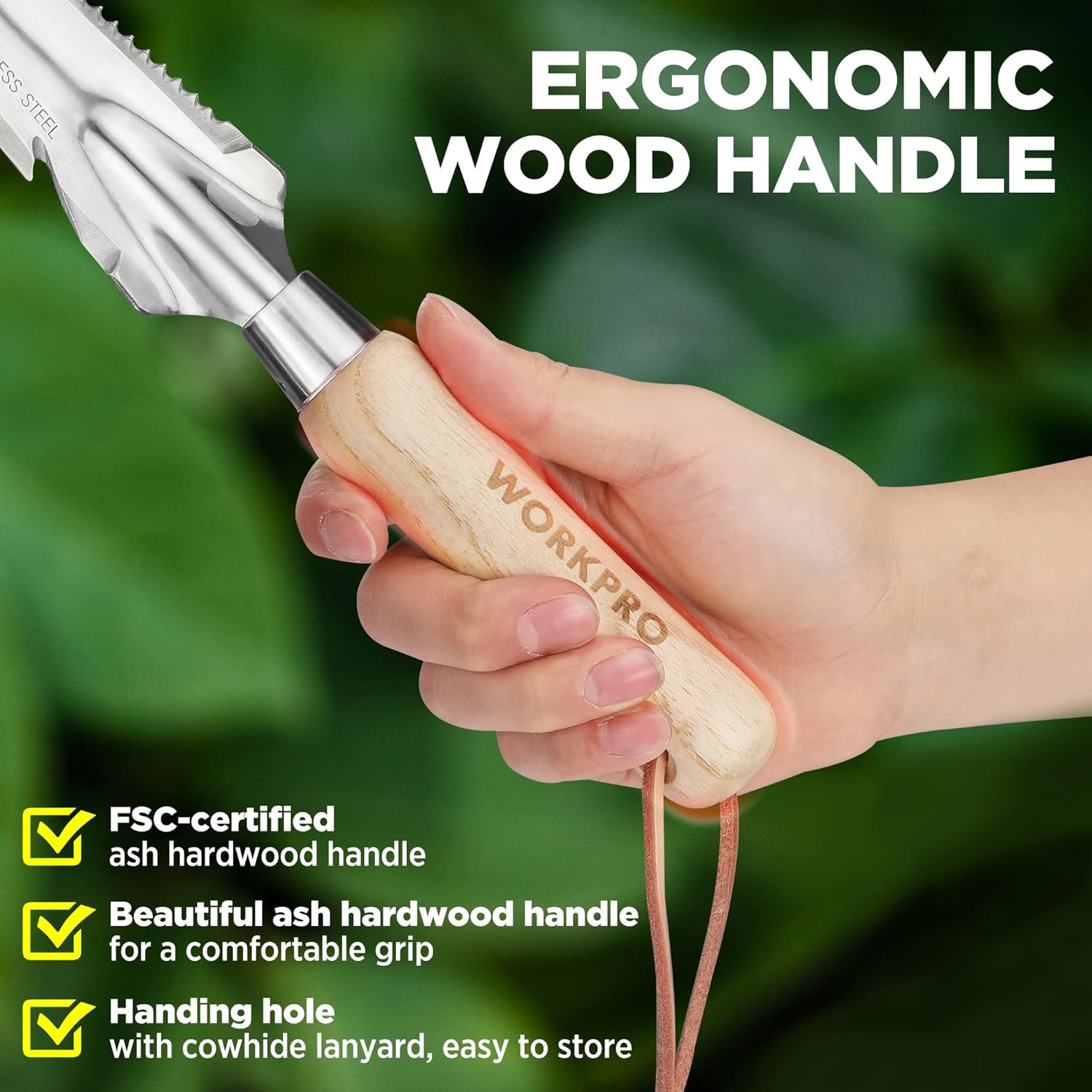 Ergonomic wooden-handled stainless garden weeder tool held in a hand