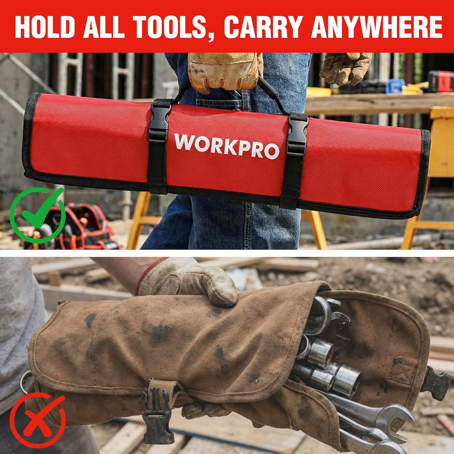 Red tool pouch holding multiple black ratcheting wrenches, WORKPRO printed
