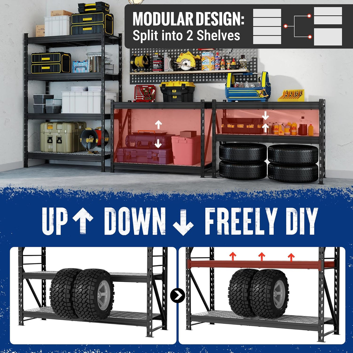 Black adjustable metal shelving rack with four open tiers for garage storage