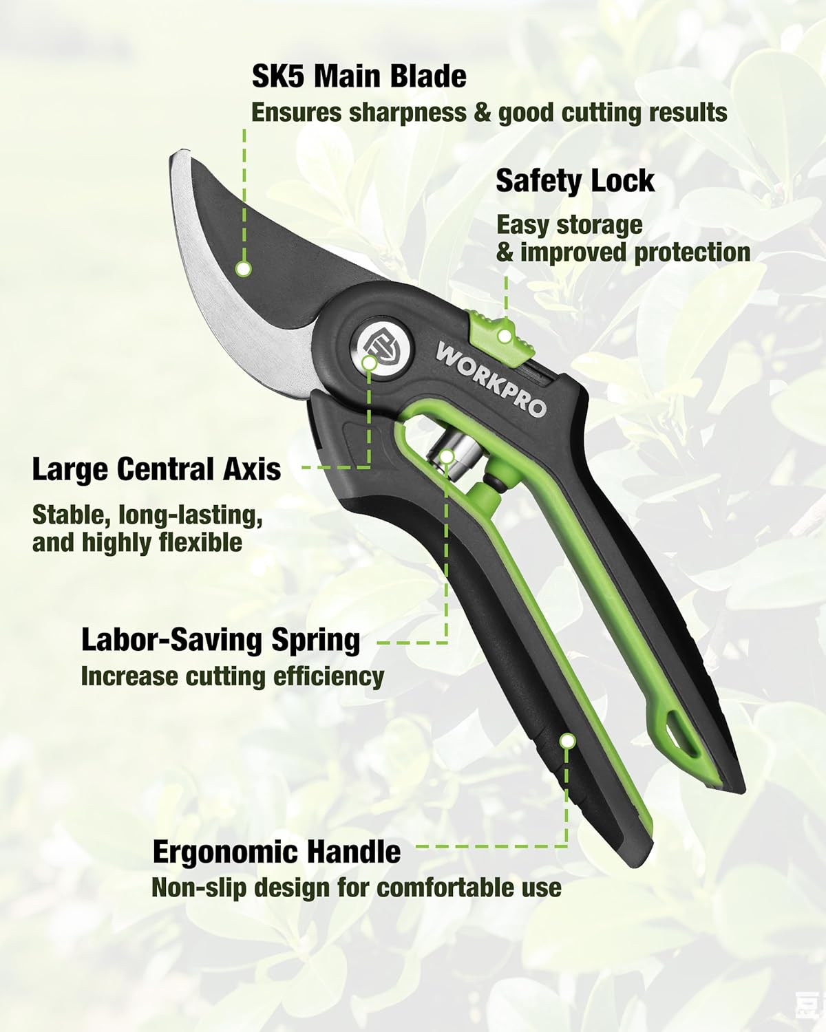 Pruning shears with black blade and green grip, safety lock and ergonomic handle