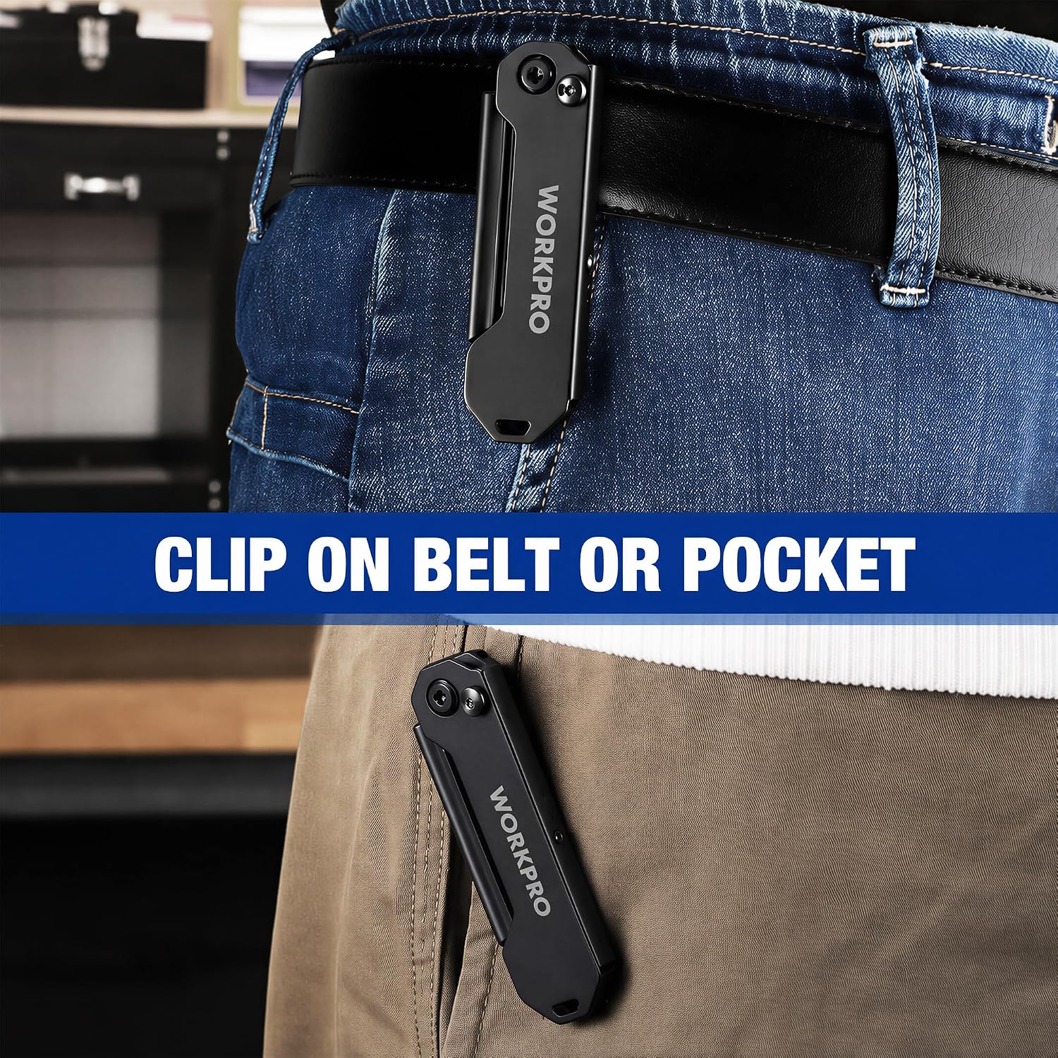 WORKPRO folding utility knife clipped to jeans belt loop or pocket, black mini handle