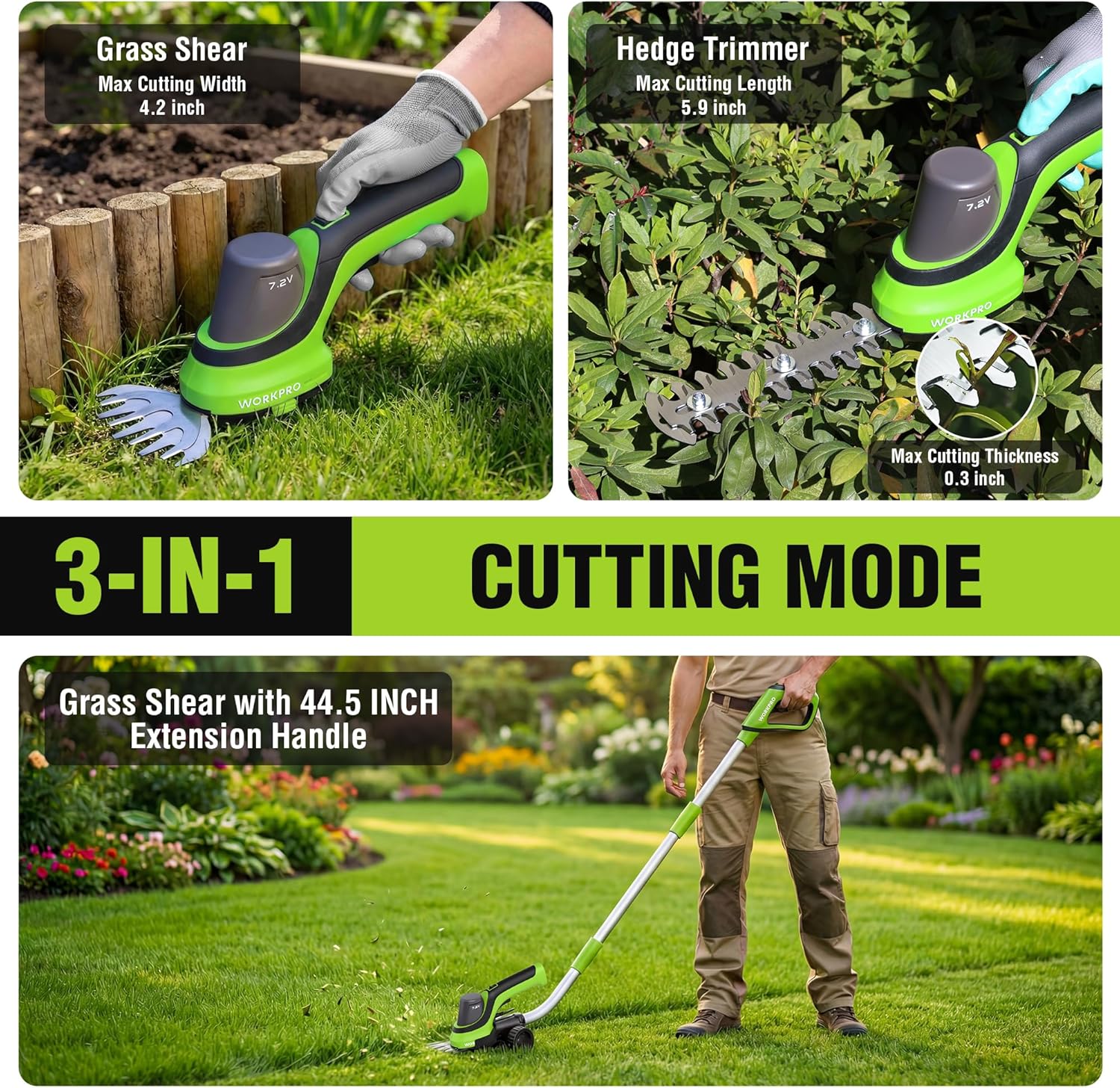 3-in-1 cordless trimmer with grass shear blade and hedge trimmer head on pole