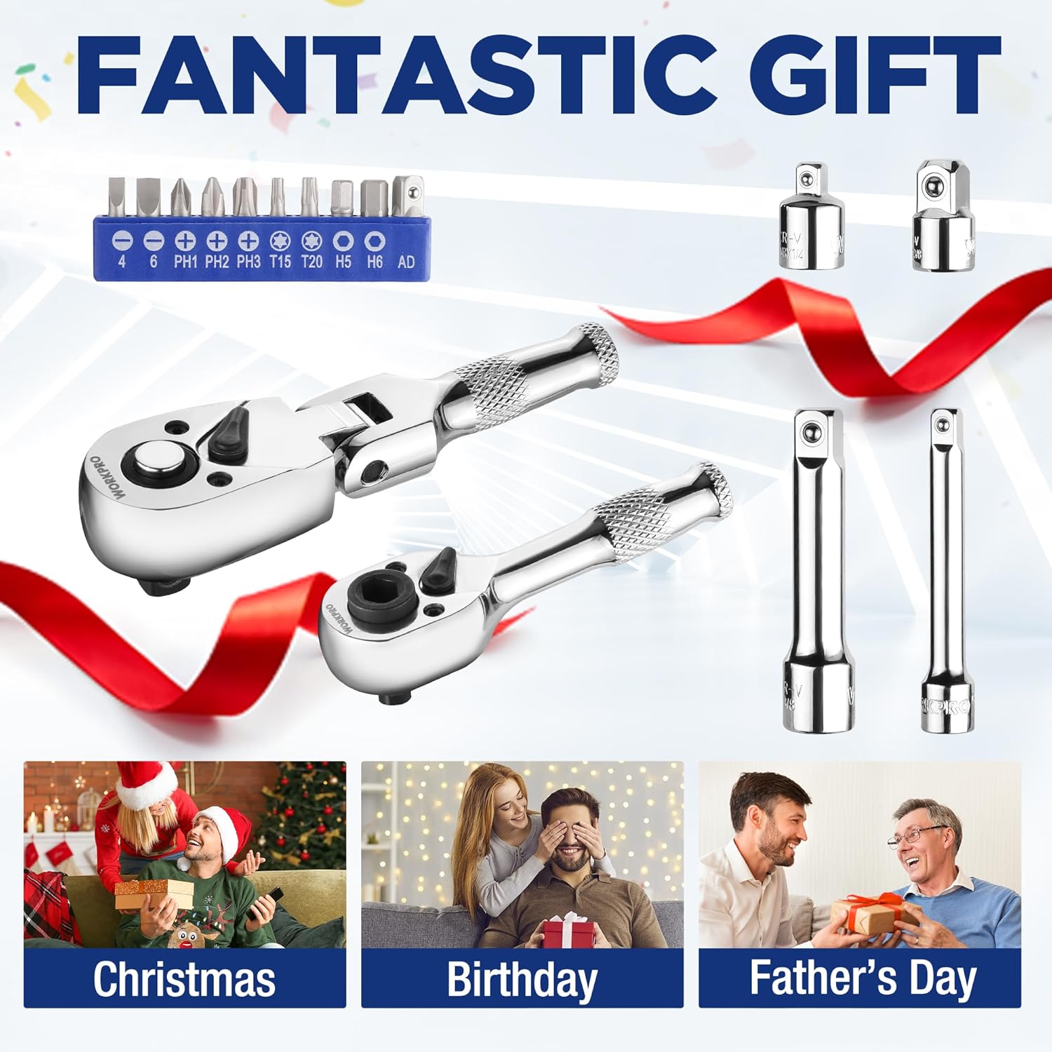 Ratchet & bit driver kit with chrome ratchet handle and extension bars