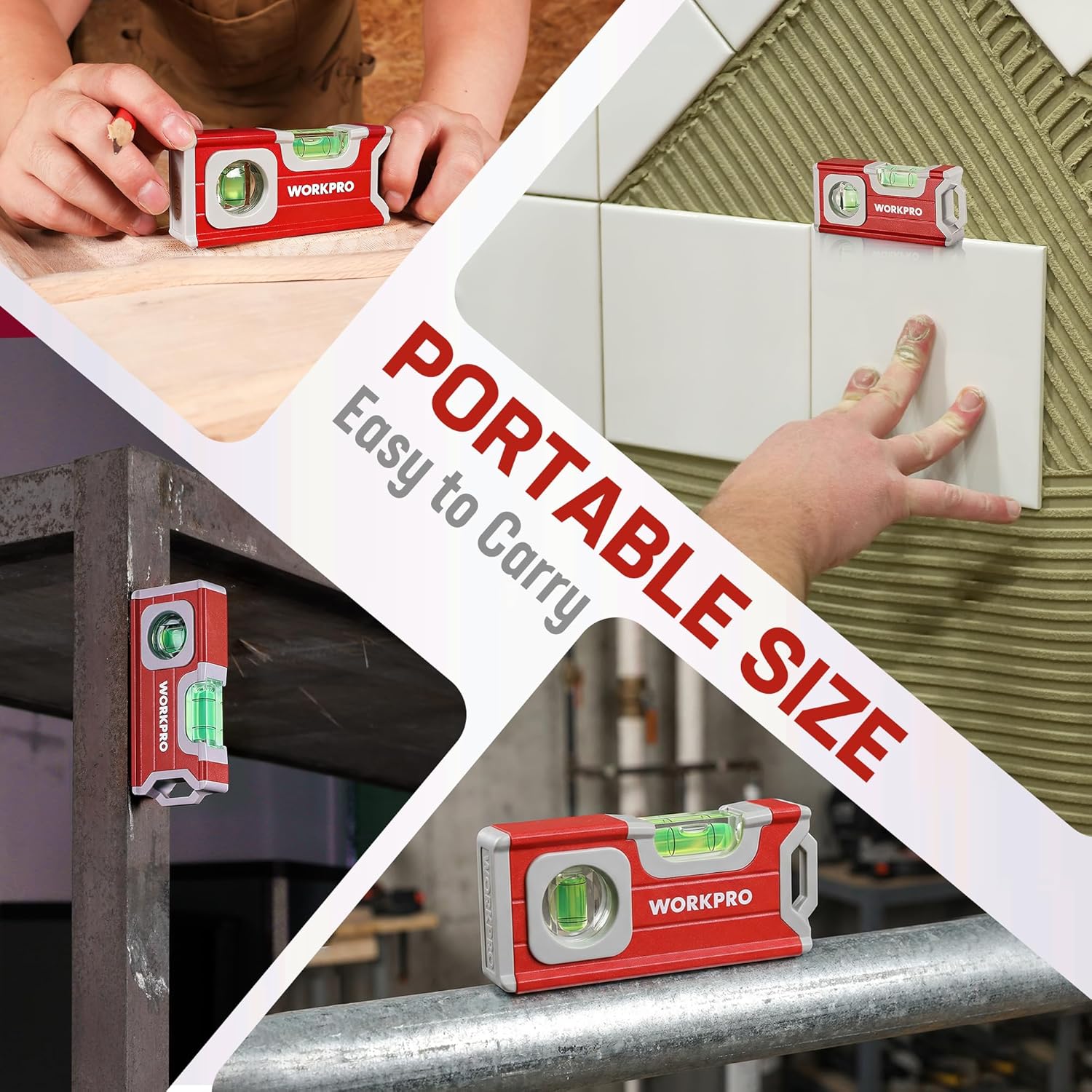 Red mini level pocket tool with green bubble used against a surface for leveling