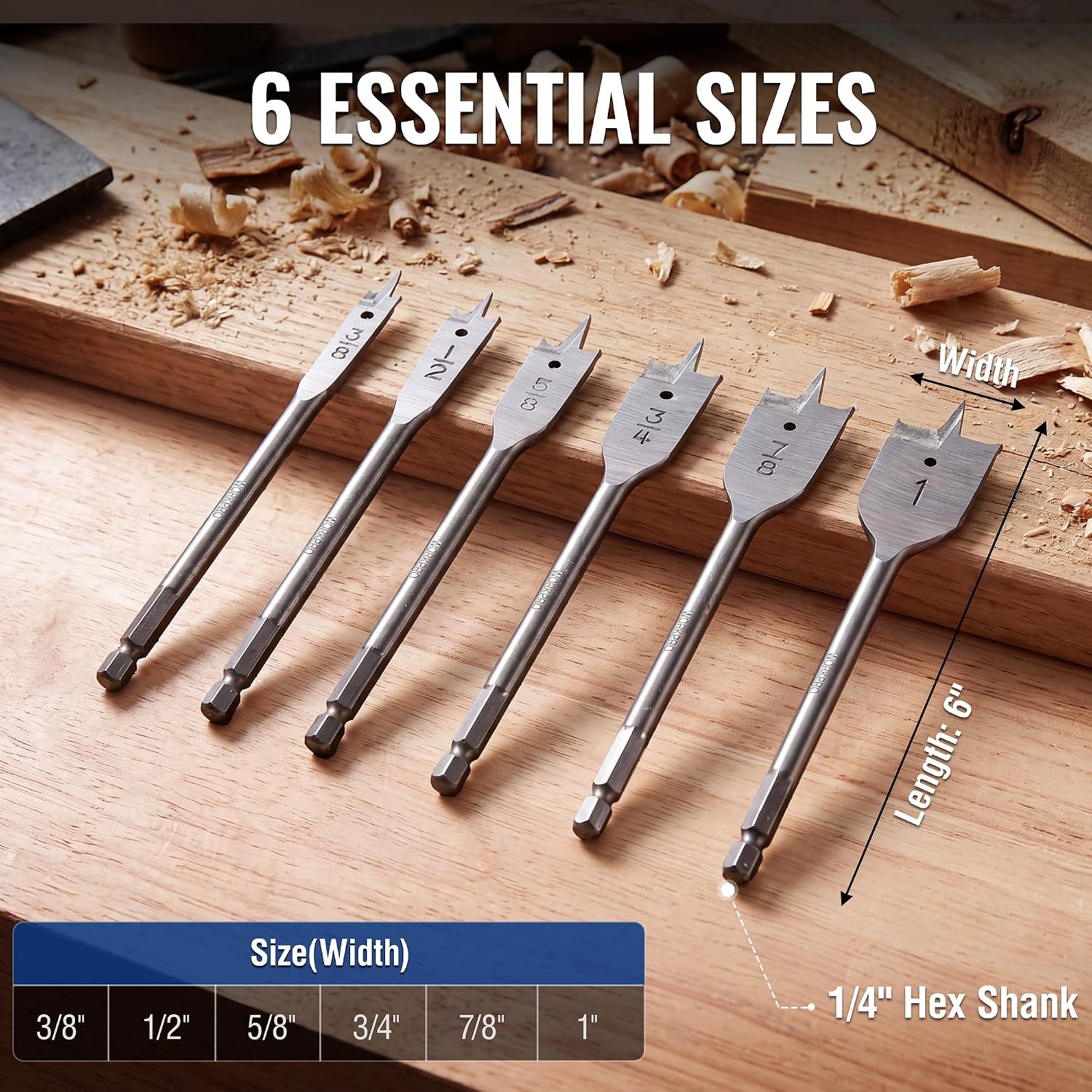 WORKPRO 6-Piece Spade Drill Bit Set, 3/8" to 1"