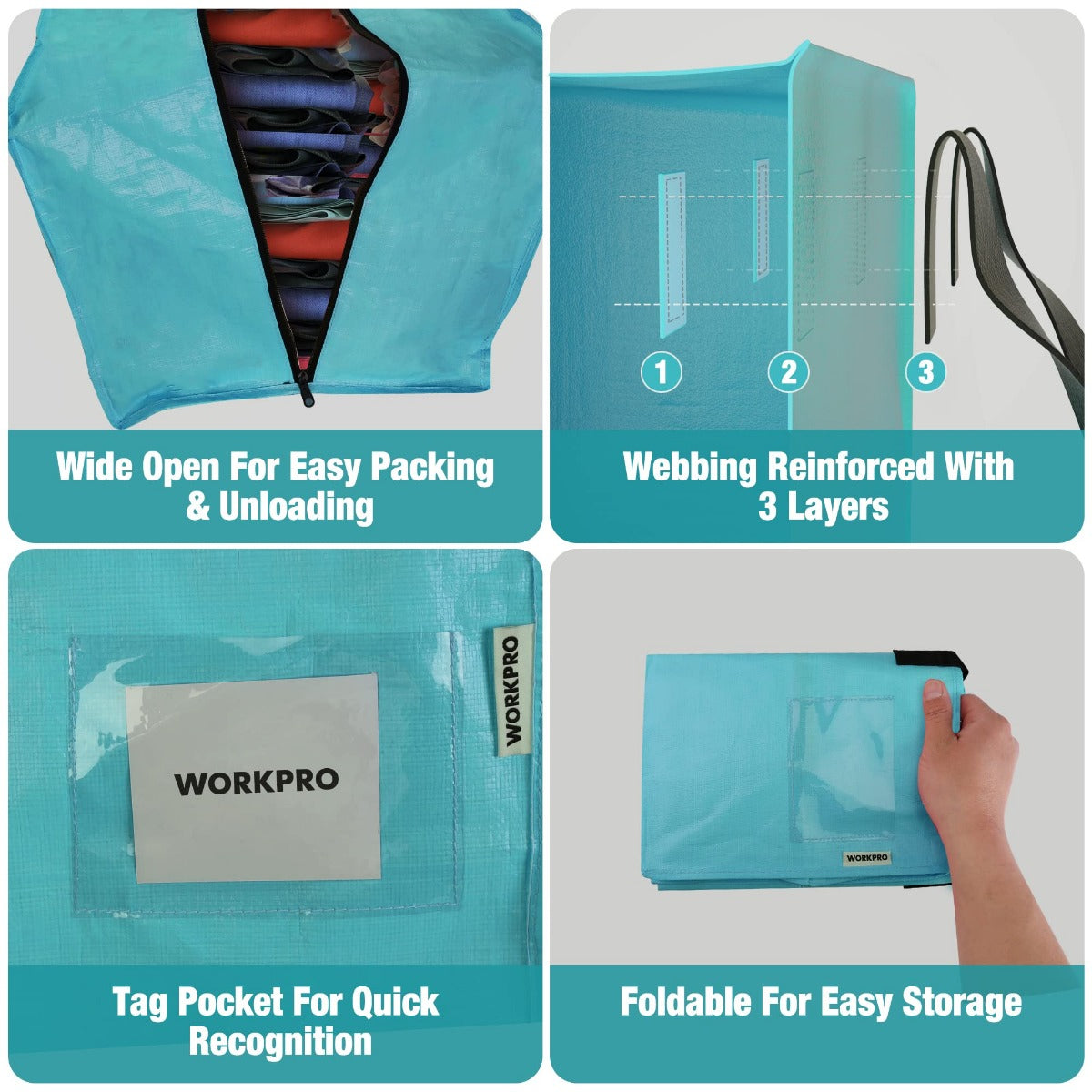 Blue heavy-duty storage tote bag with wide zipper opening and inner tag pocket