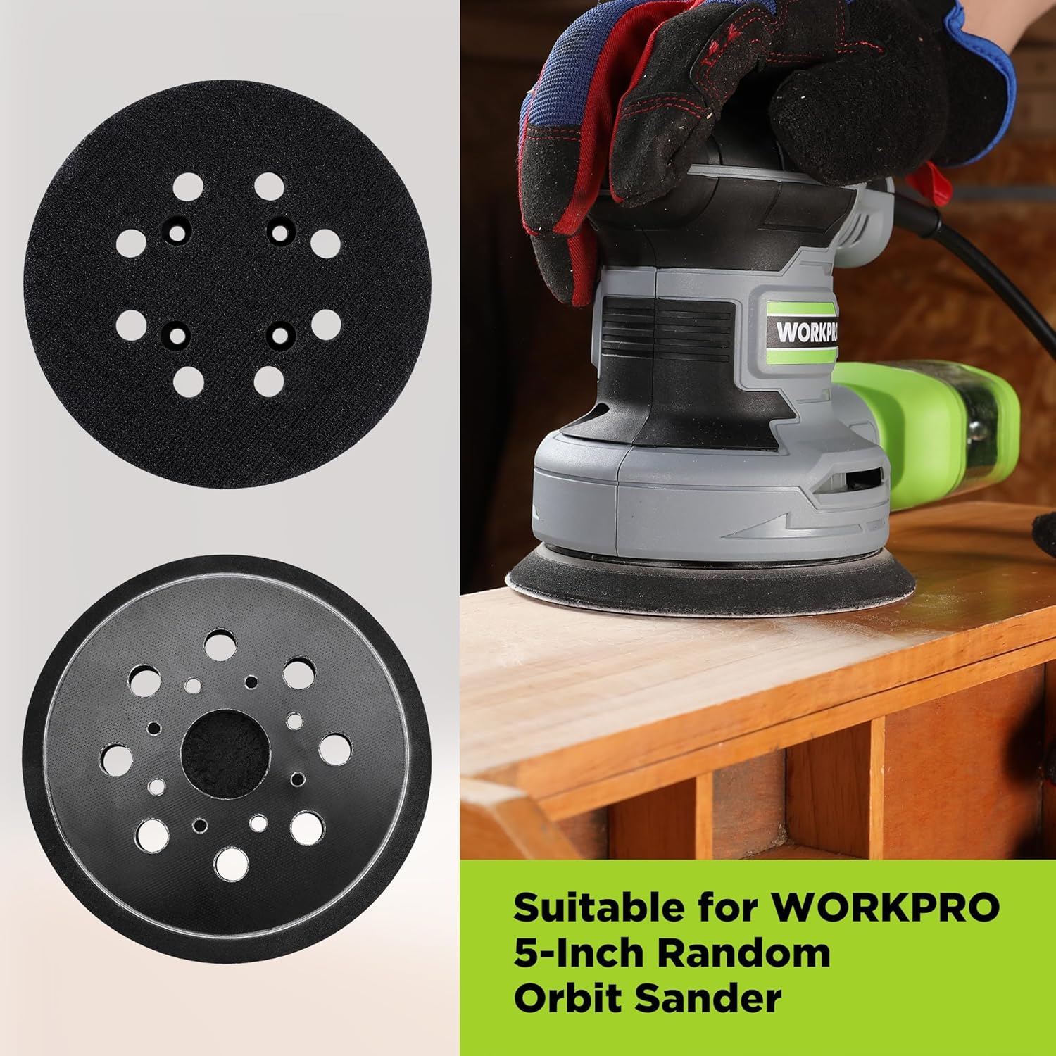 Black circular sanding backing pad with dust holes, shown from two angles