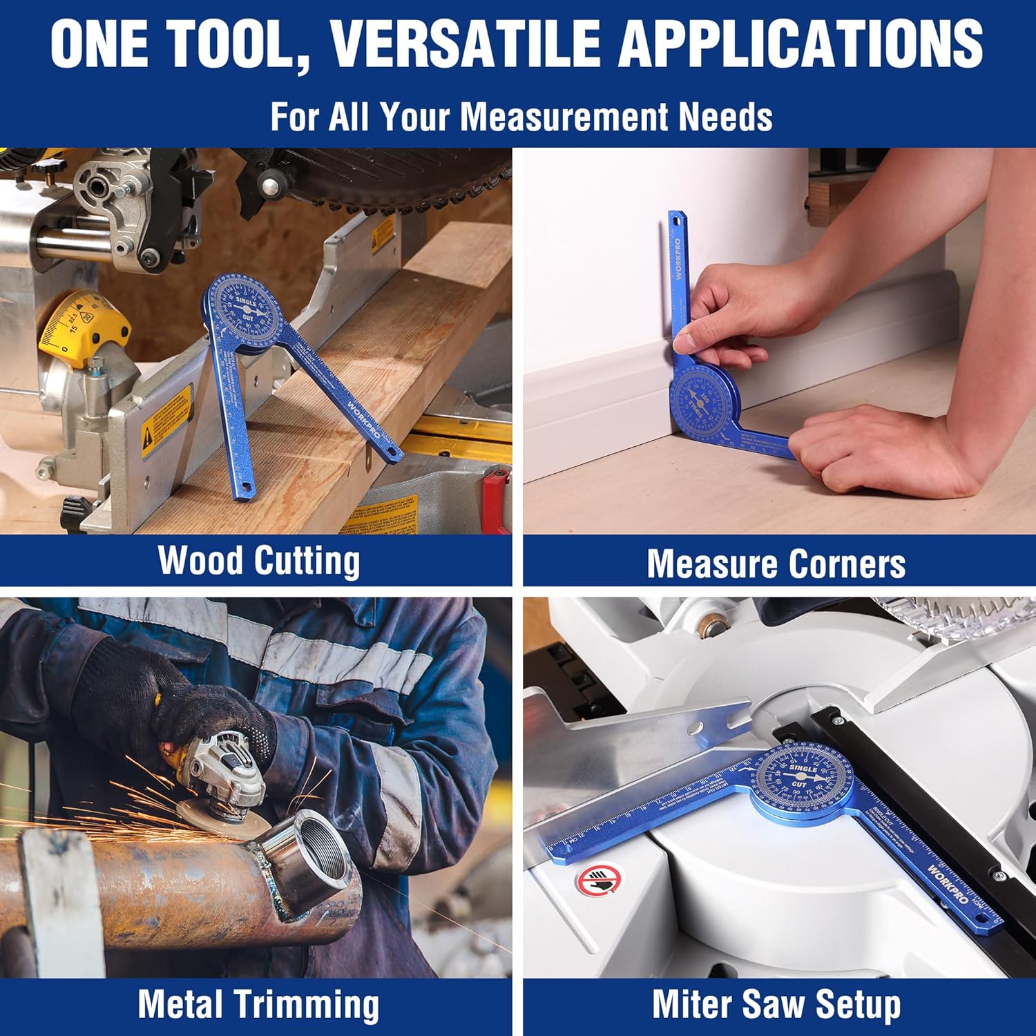 Blue angle finder protractor used for wood cutting and measuring corners