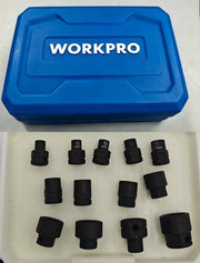 Low-profile 1/4 in impact socket set in blue case with multiple black sockets arranged