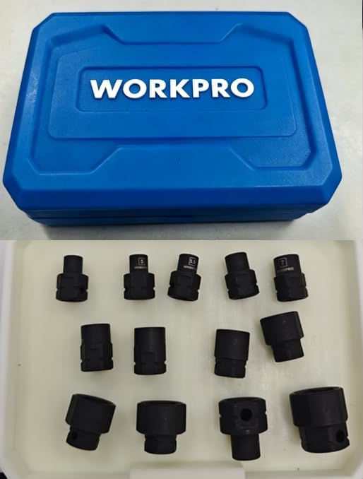 Low-profile 1/4 in impact socket set in blue case with multiple black sockets arranged