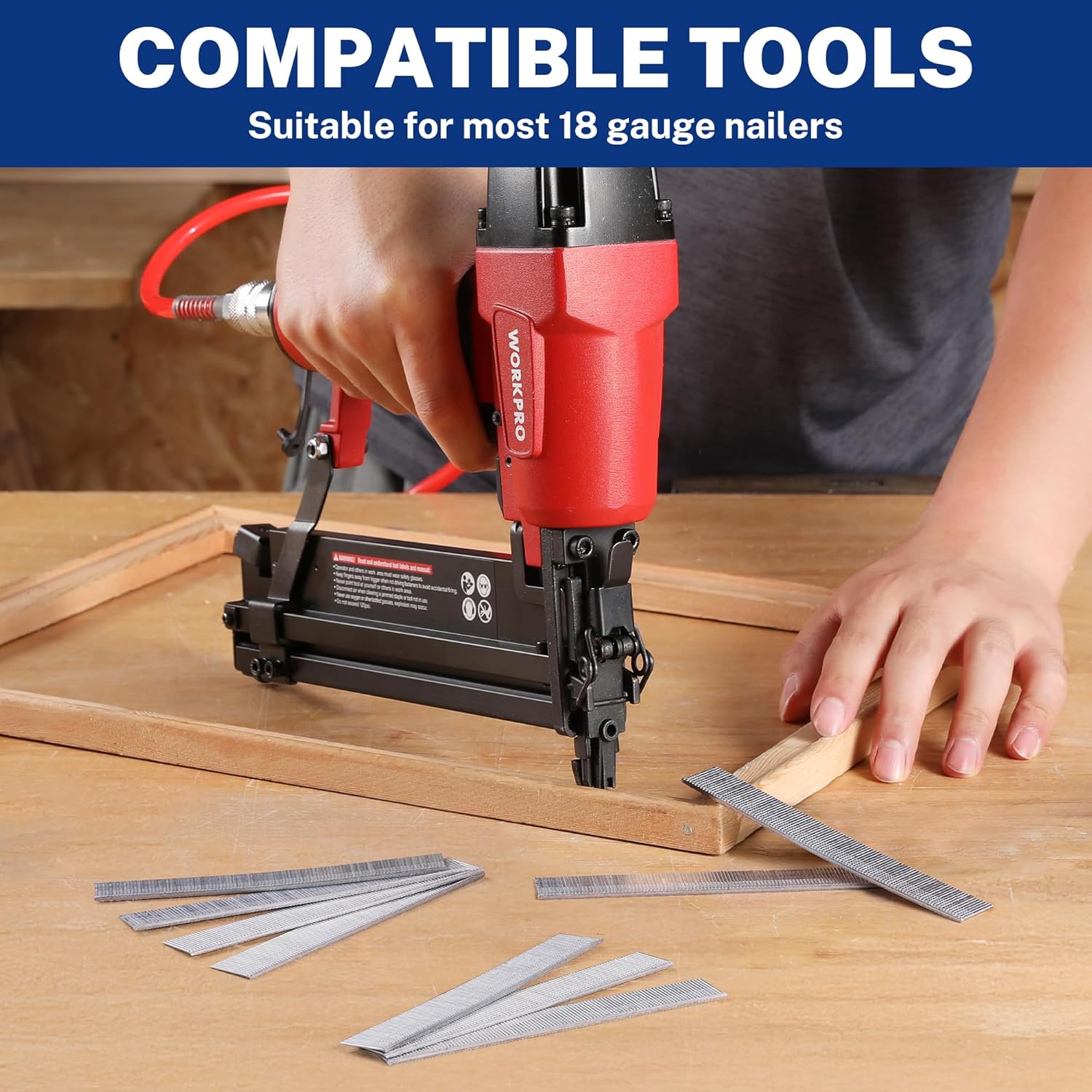 WORKPRO 18GA brad nails for nailers, shown with pneumatic nail gun and wood trim