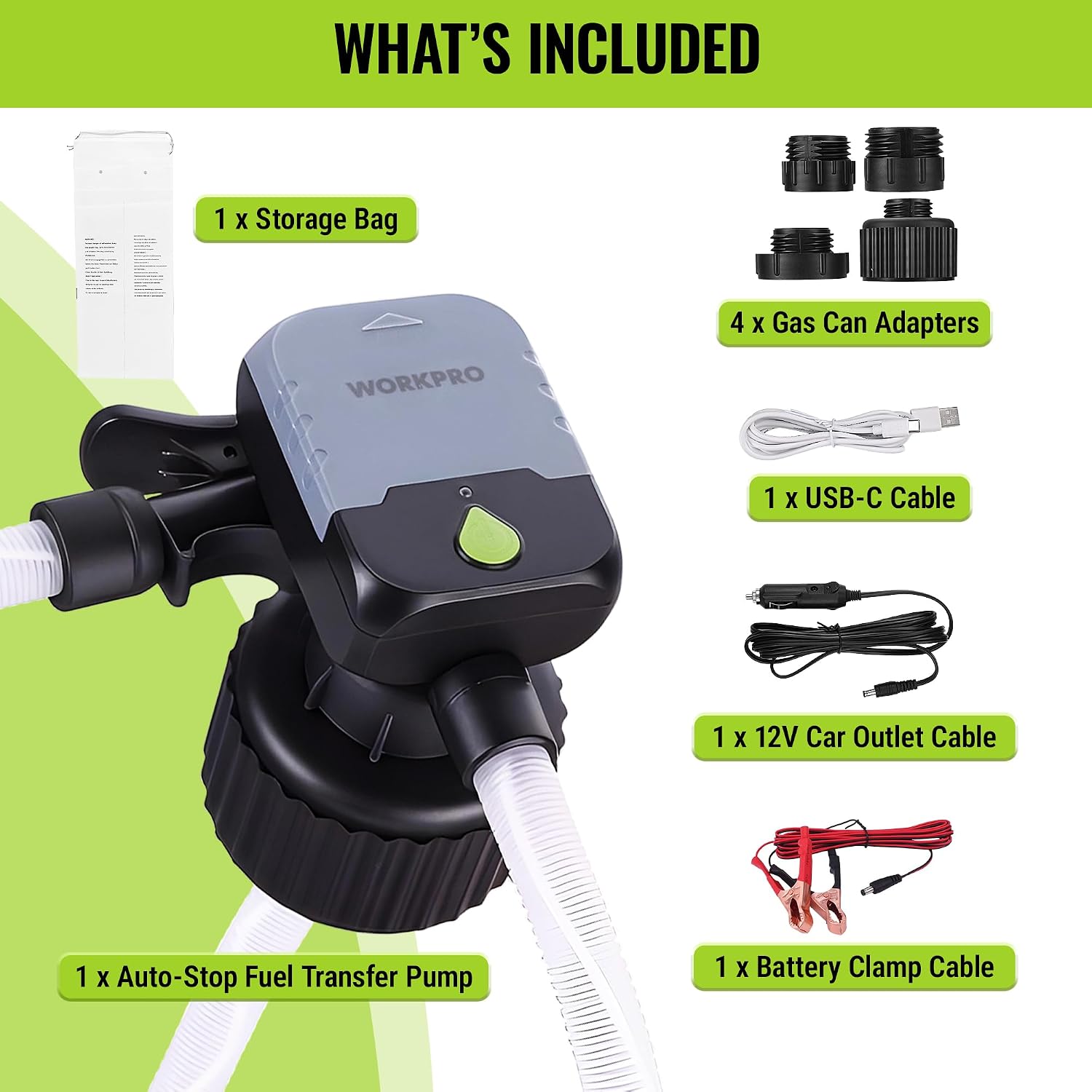 Electric fuel transfer pump kit with storage bag, USB-C cable, adapters, and power cables