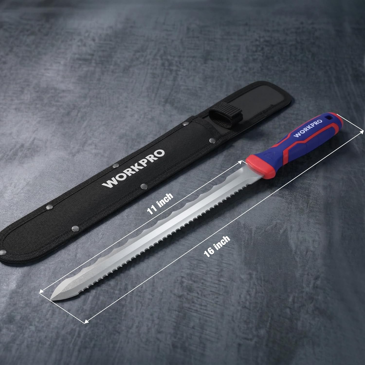 WORKPRO insulation knife with 11-inch serrated blade and black nylon sheath