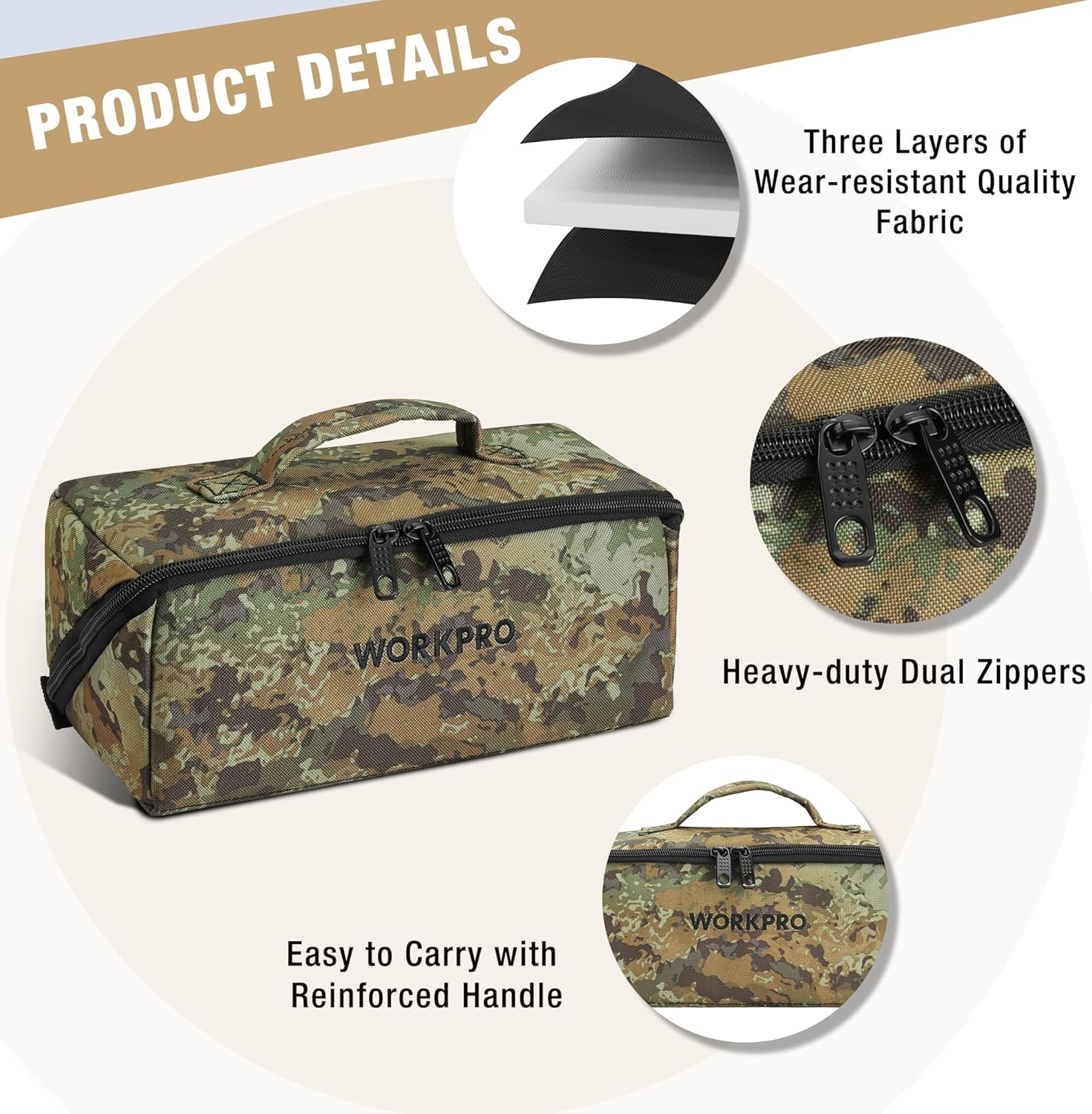 Camo zip tool tote with dual zippers, reinforced handle, and durable fabric construction