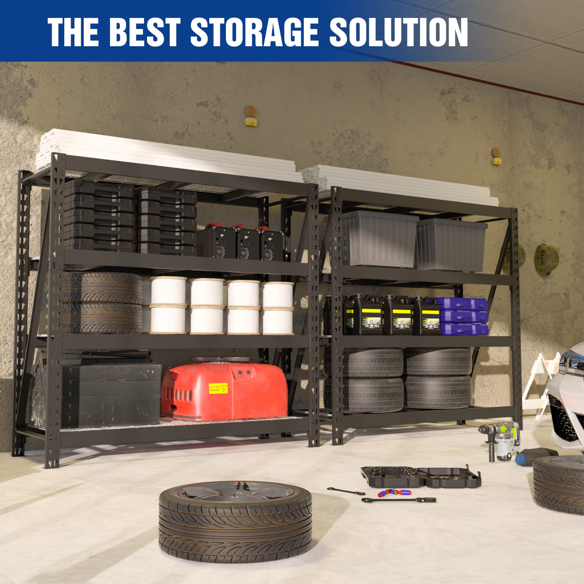 4-tier metal garage shelving unit with multiple tiers holding bins and tires