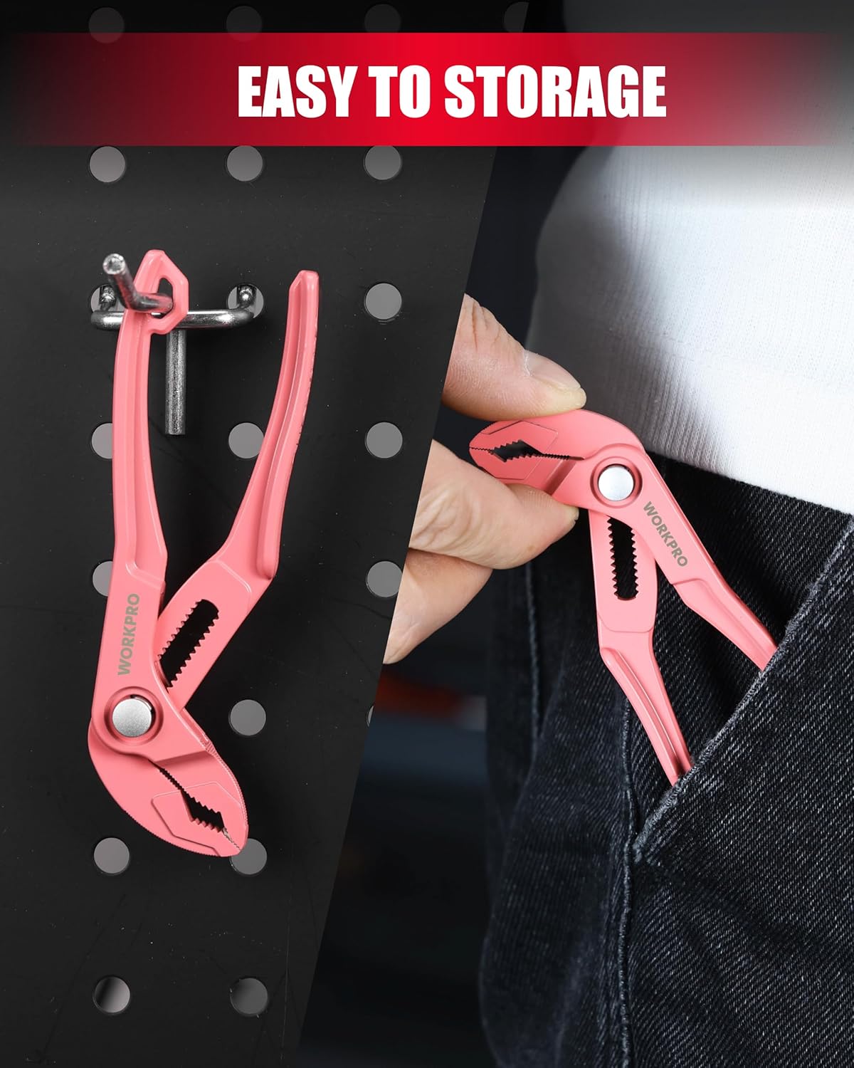 Pink mini water pump pliers with storage hook shown