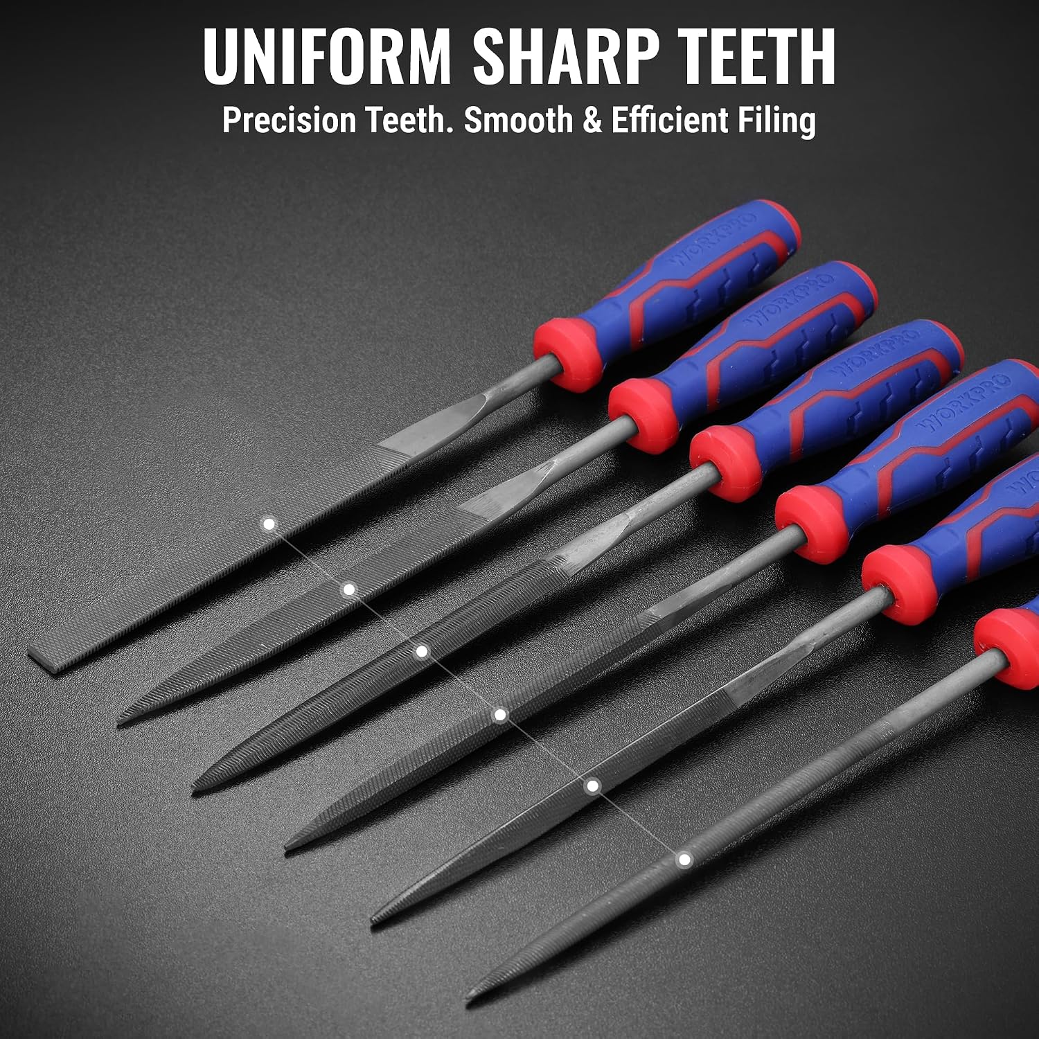 Precision needle files with uniform sharp teeth and blue-red non-slip handles