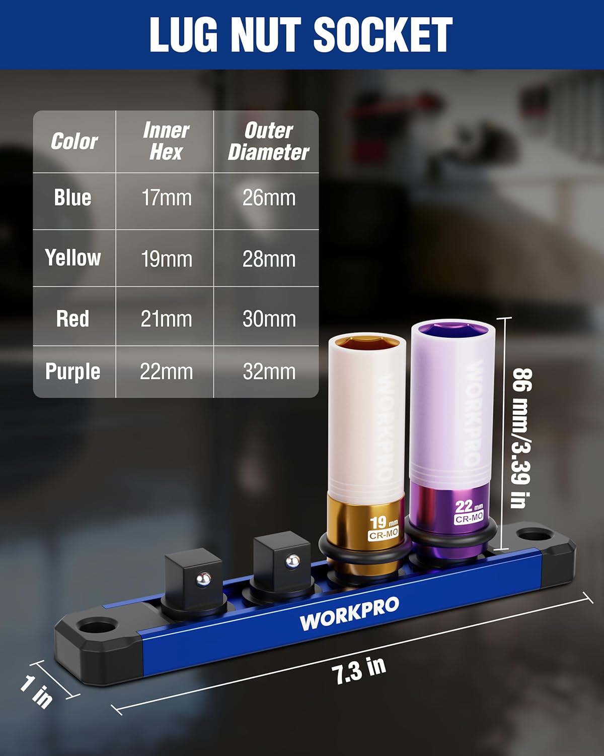 Lug nut impact socket set display with 4 thin-wall 17–22mm sockets on blue rail