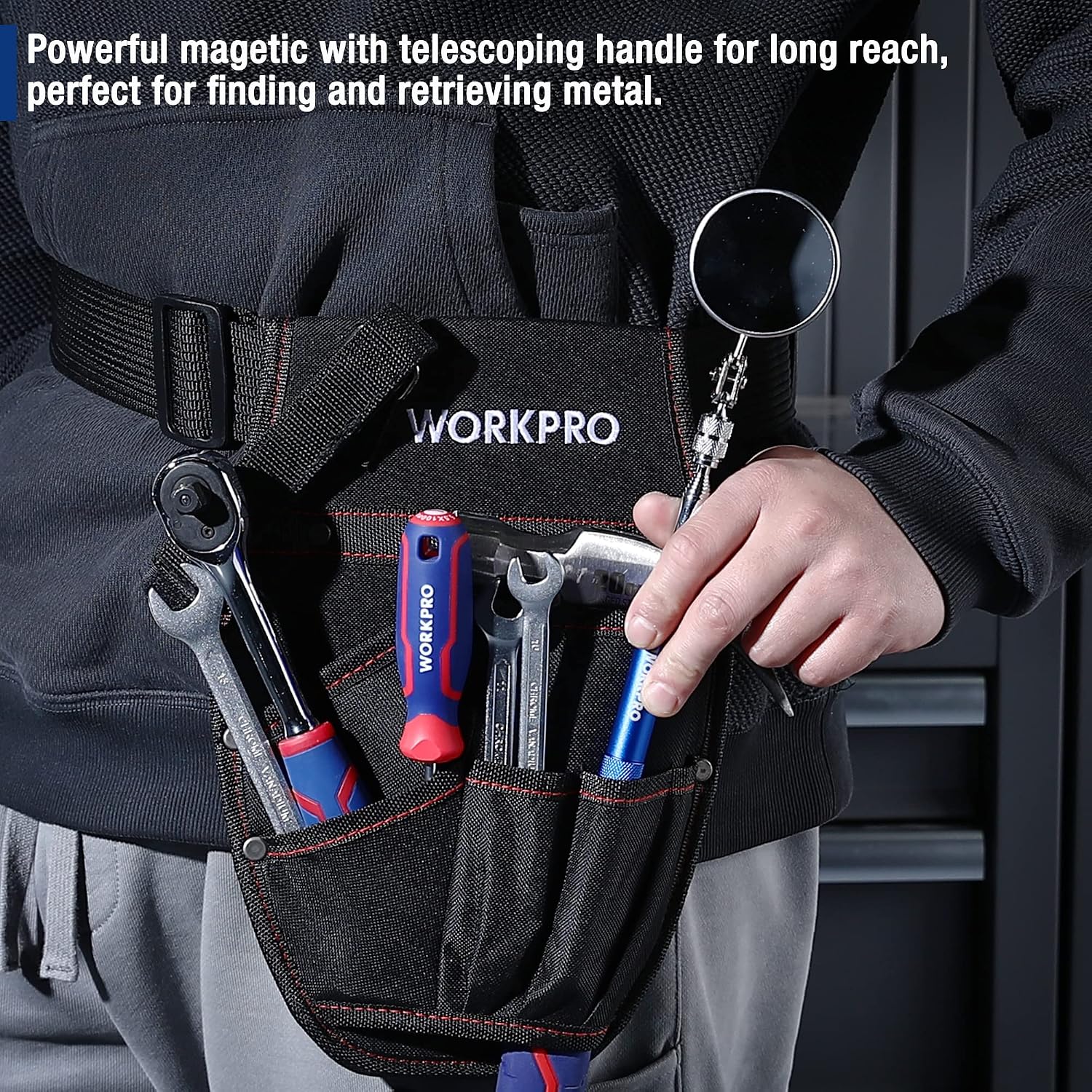 Telescoping inspection mirror and magnetic pickup tool clipped in a tool pouch