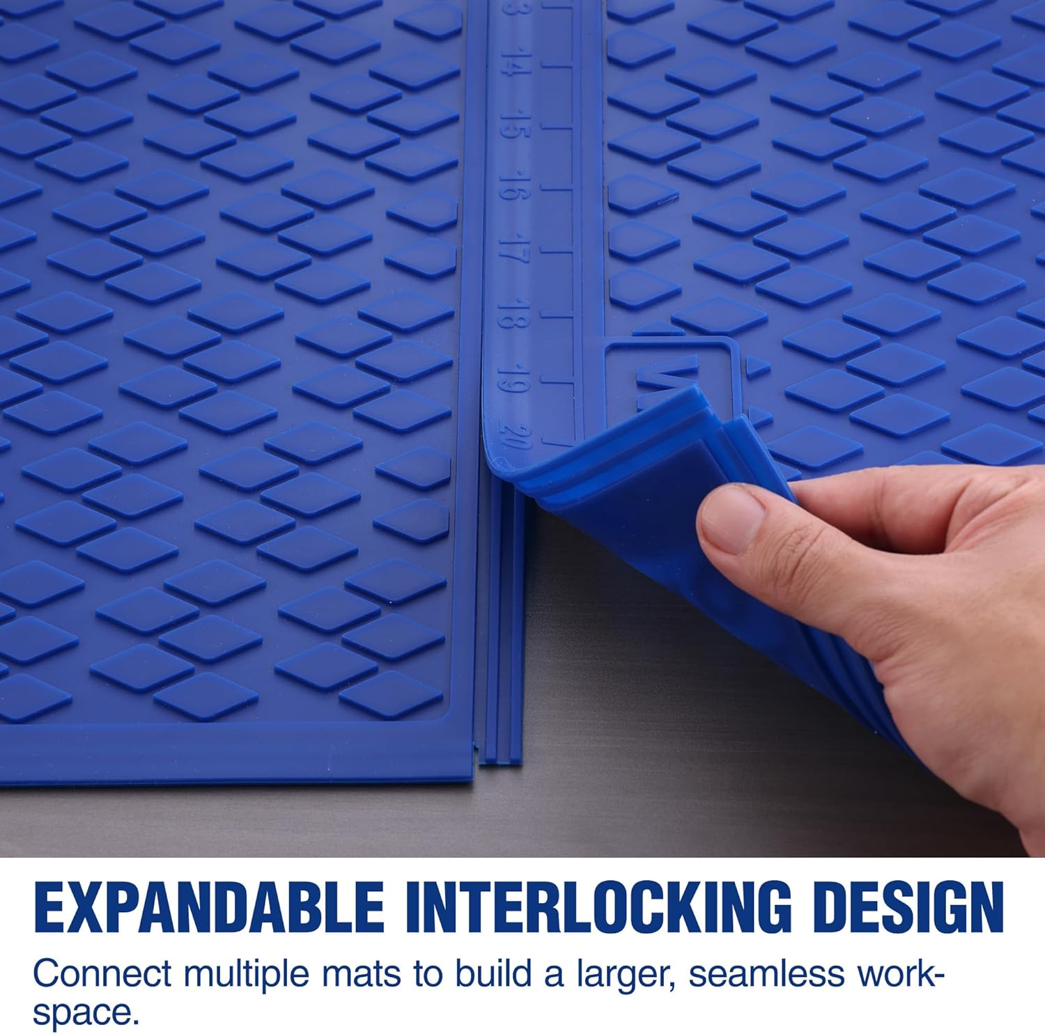 Blue silicone mat with textured grid edge and built-in measuring markings