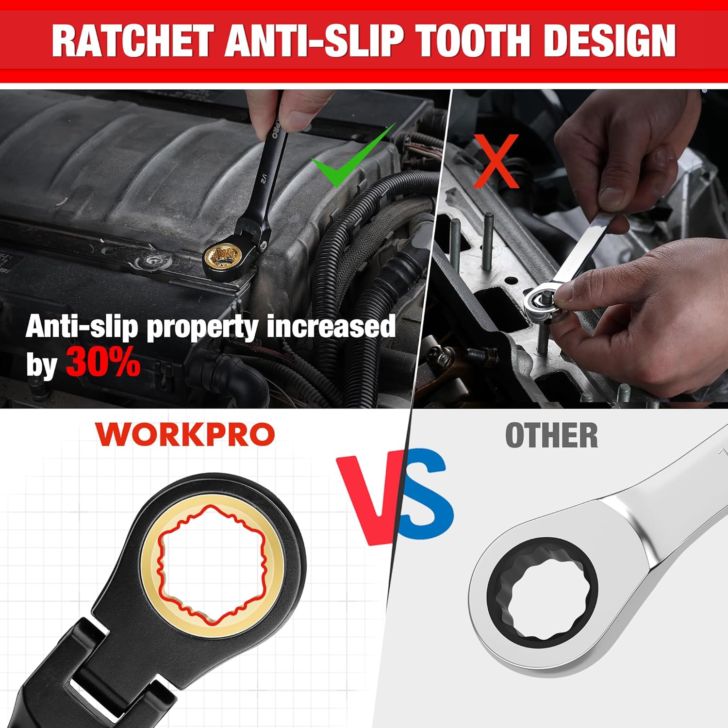 Black flex-head ratcheting wrench set with anti-slip grip and gold drive ends