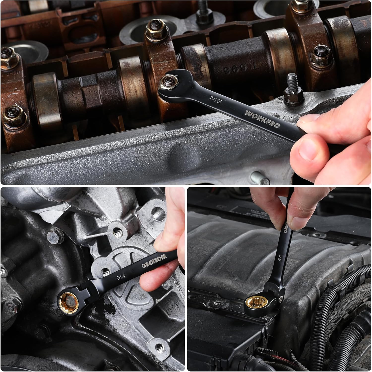 Black anti-slip flex-head ratchet wrench tightening a bolt on an engine component
