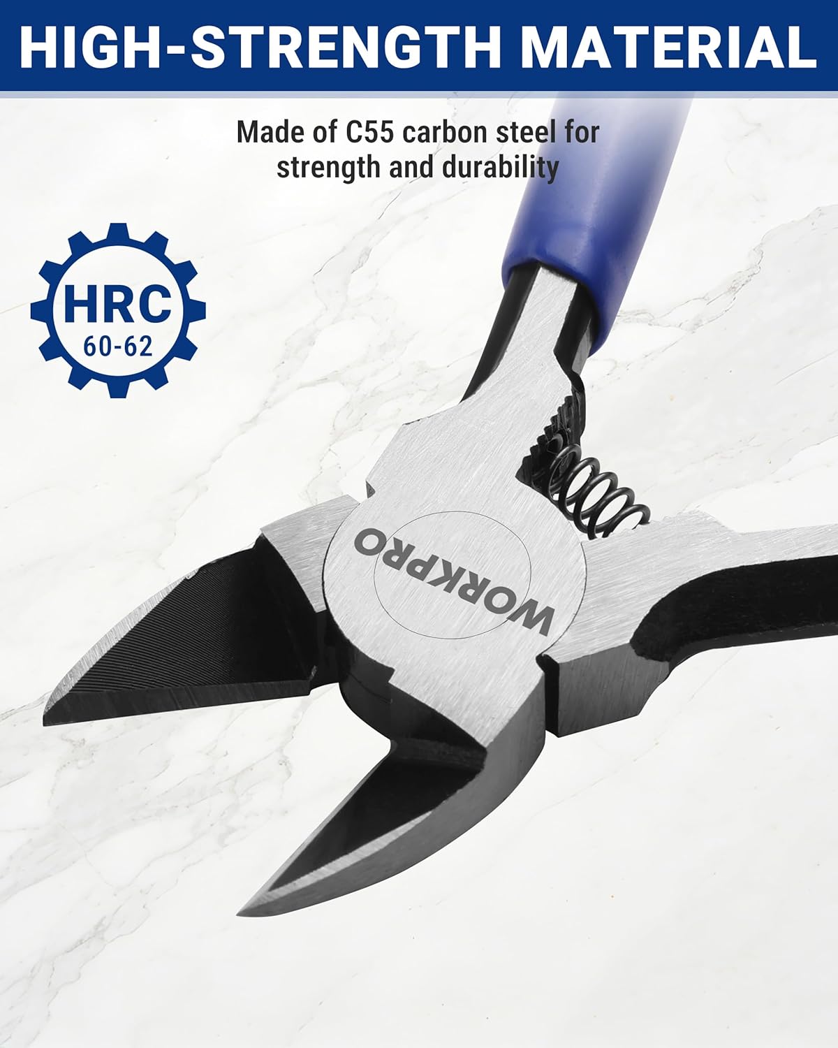 Precision flush cutter with black blade head and blue grip, spring-loaded hinge