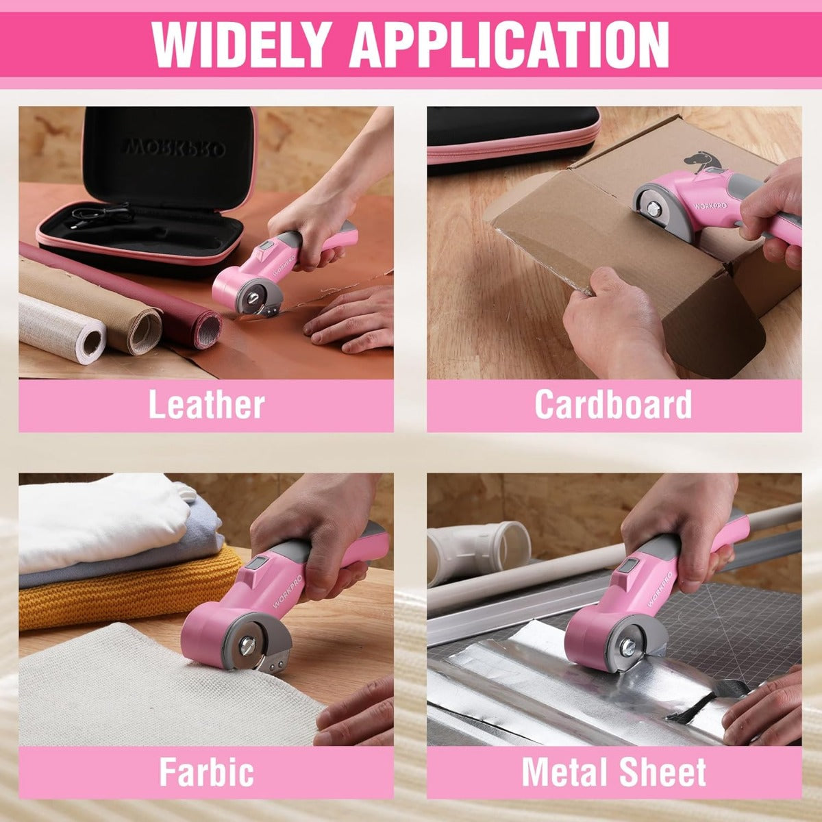 Pink rotary cutter cutting fabric, cardboard, leather, and metal sheet samples