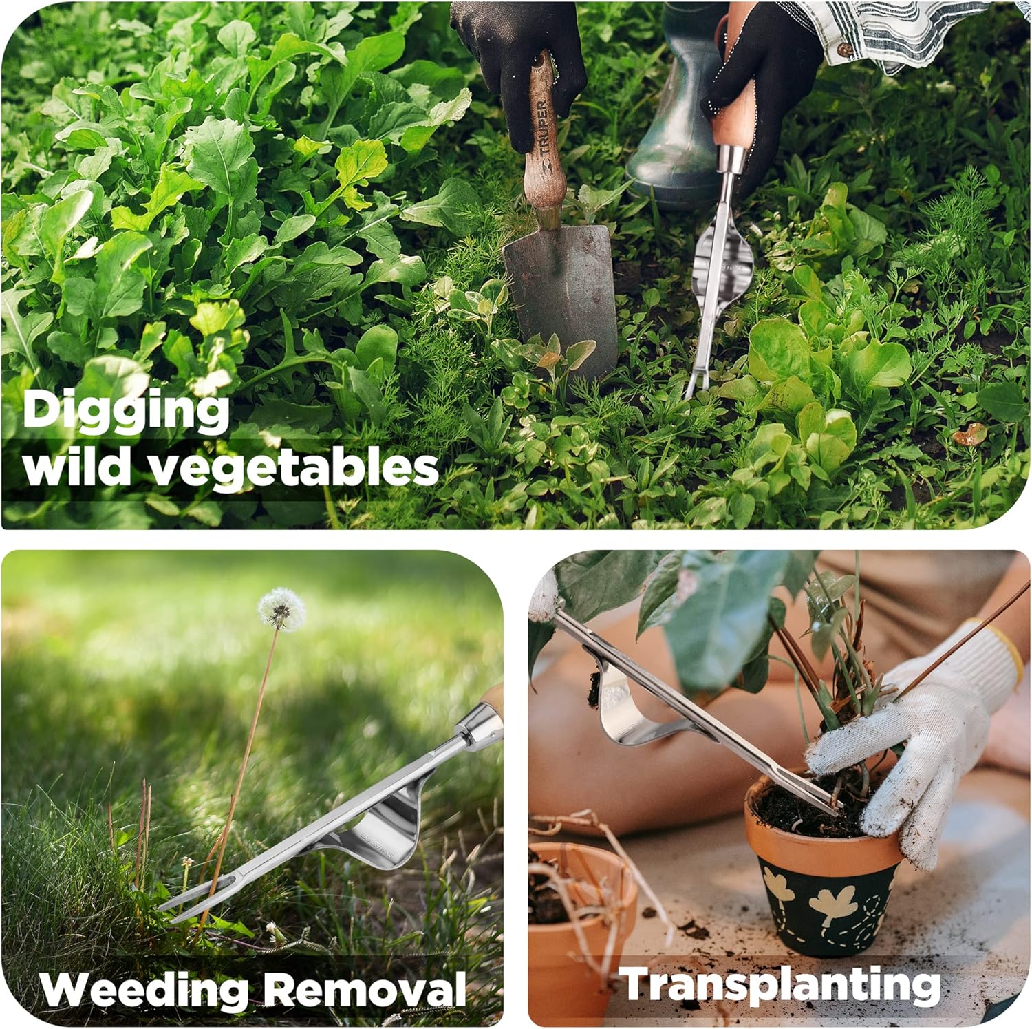 Hand weeder tool with stainless steel V-shaped fork and ash wood handle for removing weeds