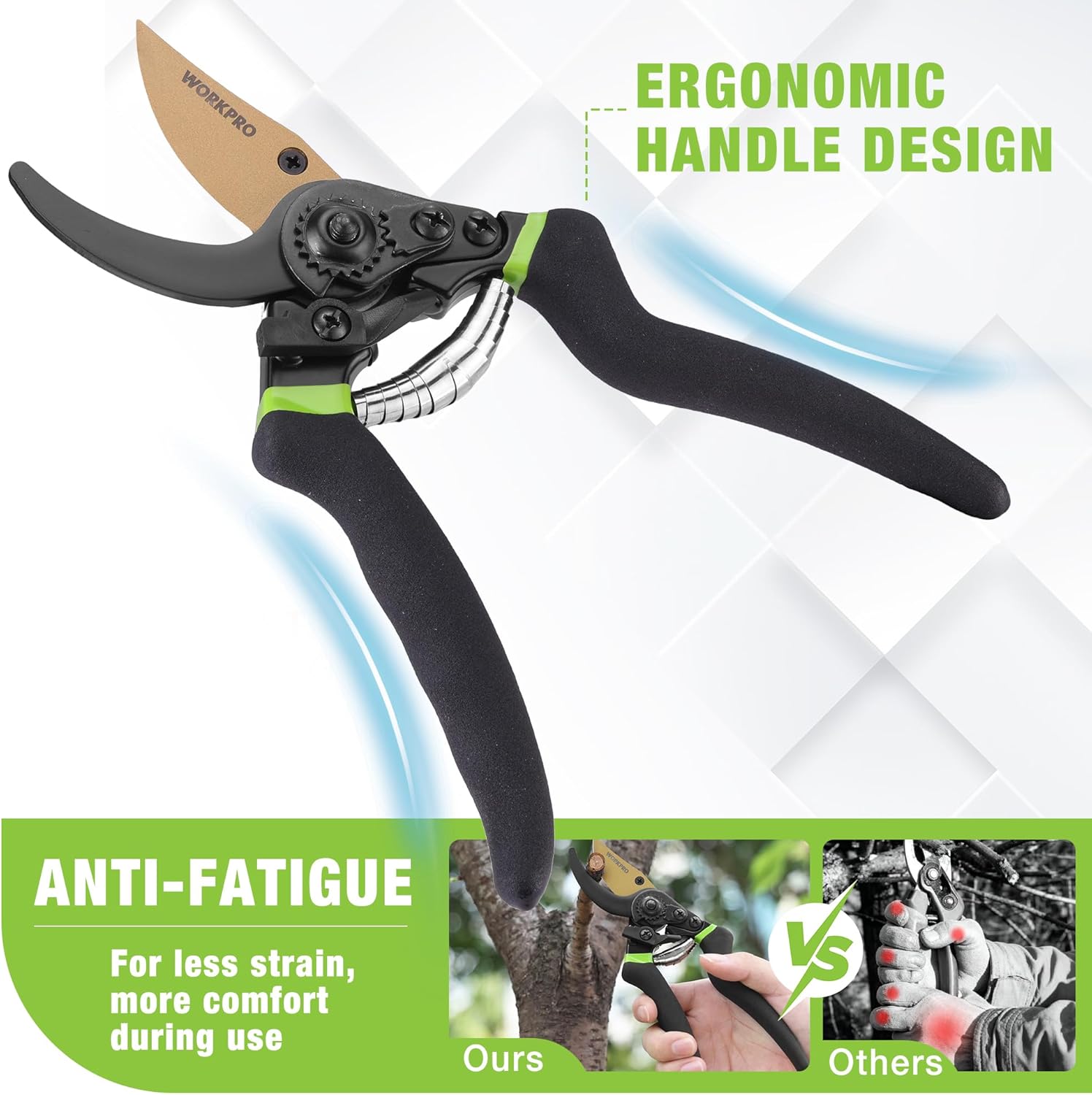 Bypass pruning shears side view with long black handles and green safety accent trim