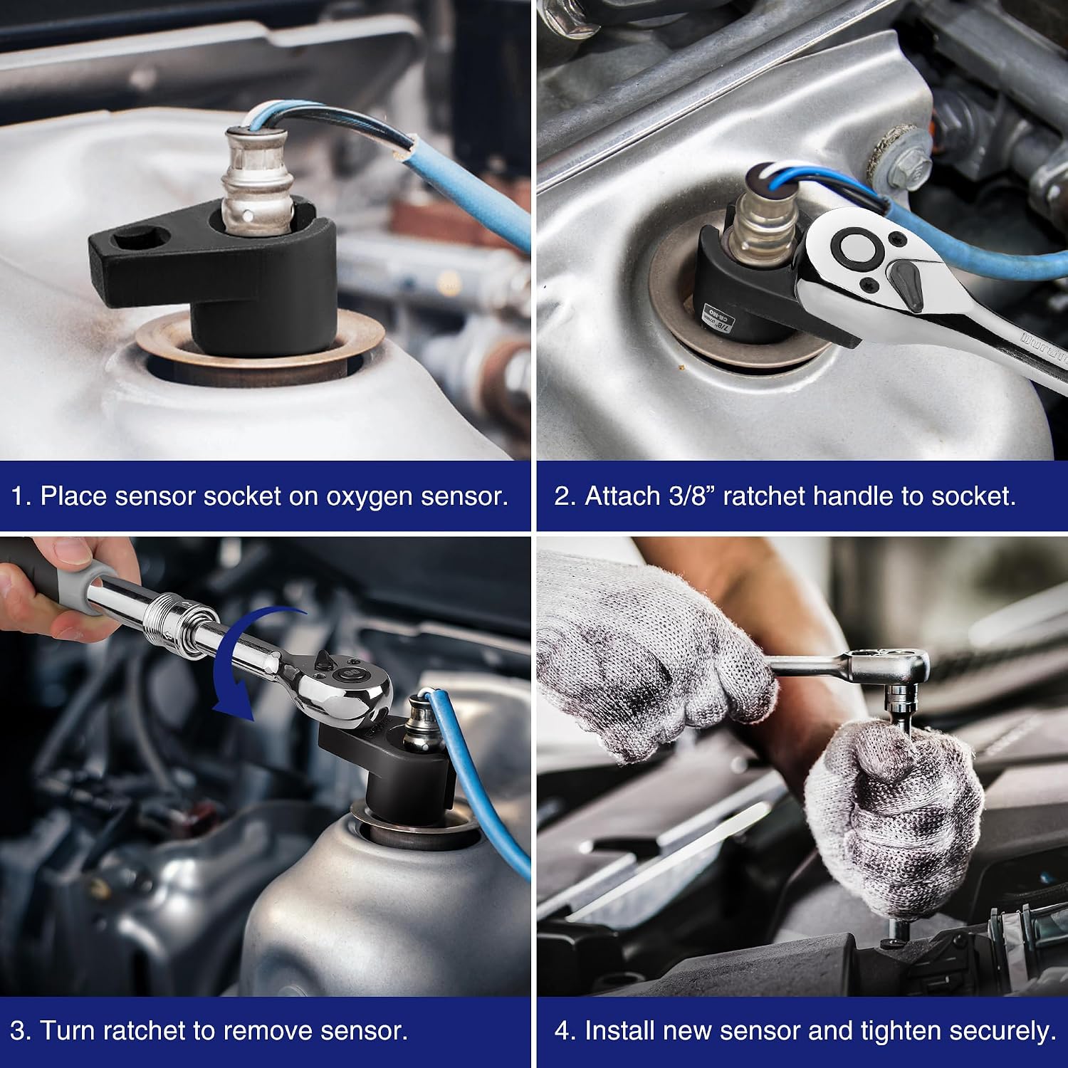 Gloved hands using ratchet and oxygen sensor socket for removal and installation