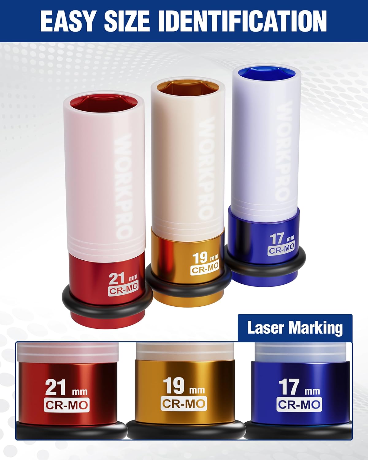 WORKPRO CR-Mo impact sockets in 21mm, 19mm, and 17mm with laser markings