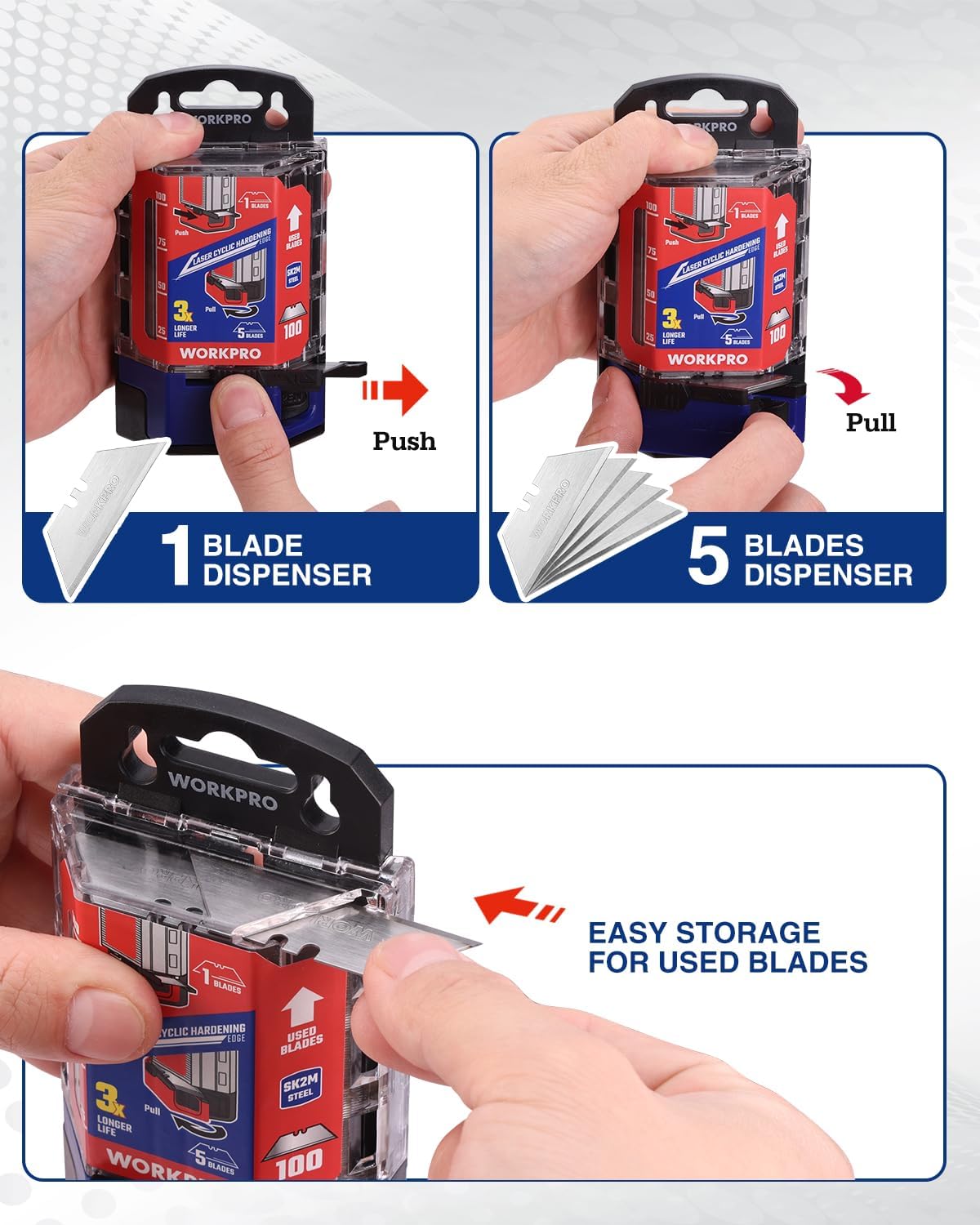 Utility knife blade dispenser with replacement blades, push and pull blade access