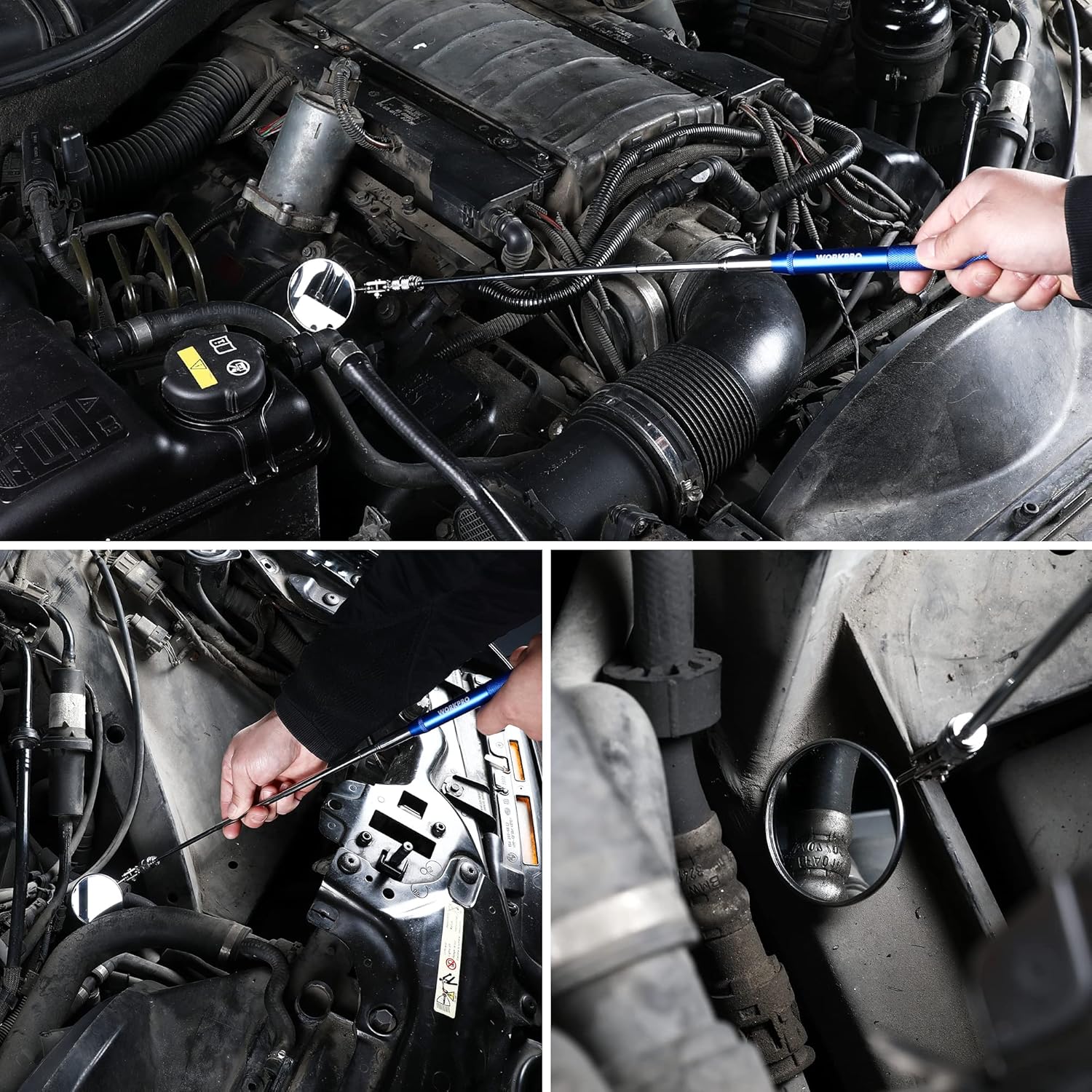 Telescoping magnetic pickup tool and metal tip in use with a car engine compartment