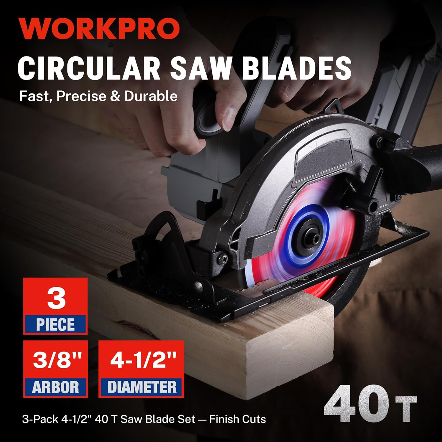 WORKPRO circular saw with red/blue 40T carbide-tipped blade cutting wood, 3-pack set.