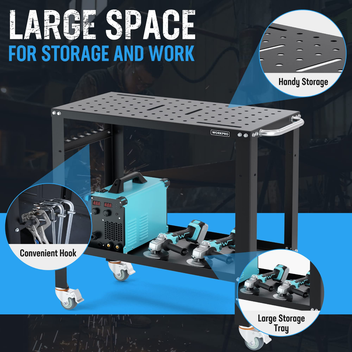 Welding table with perforated work surface, storage shelf, and caster wheels