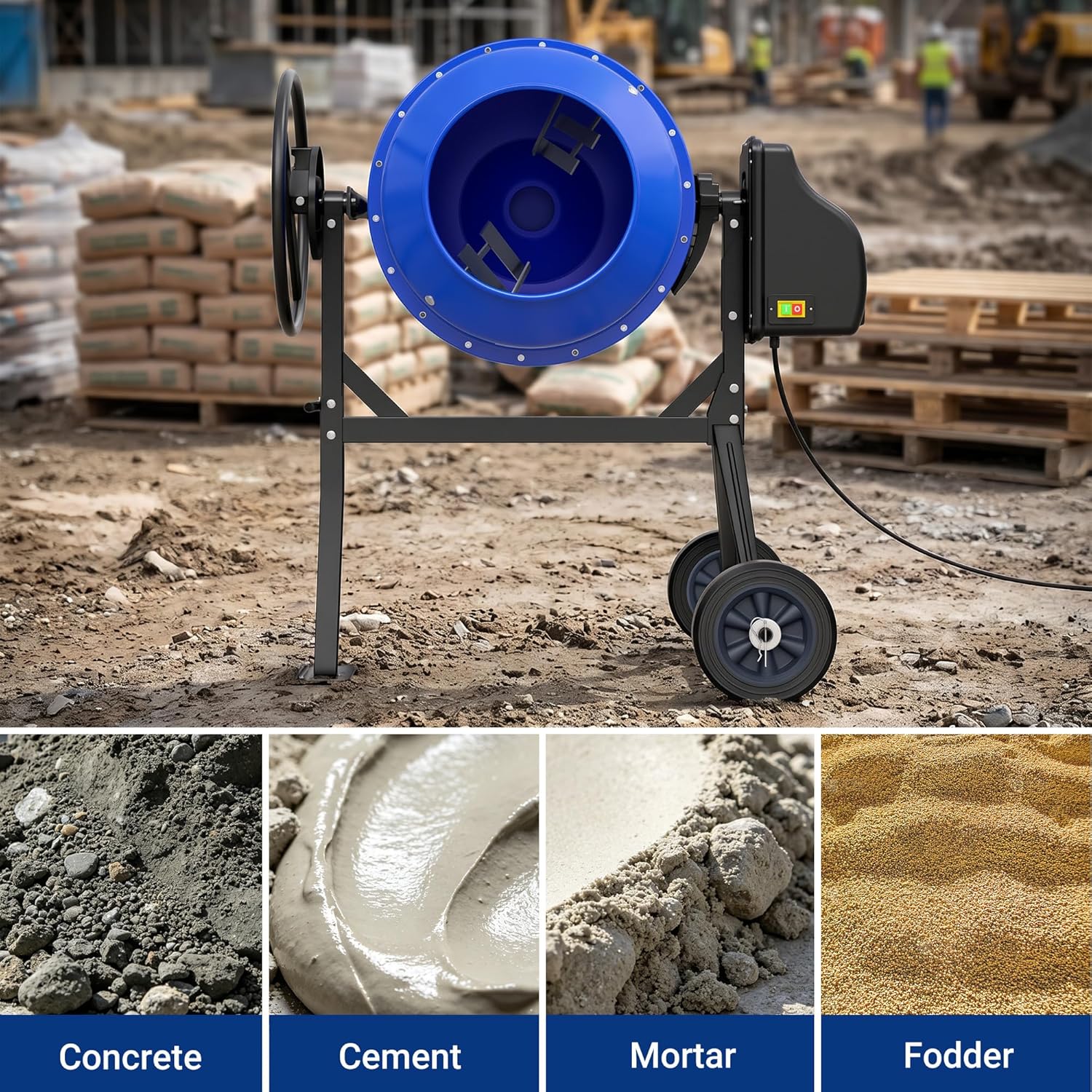 Electric cement mixer on site with blue drum, black stand, and wheeled legs