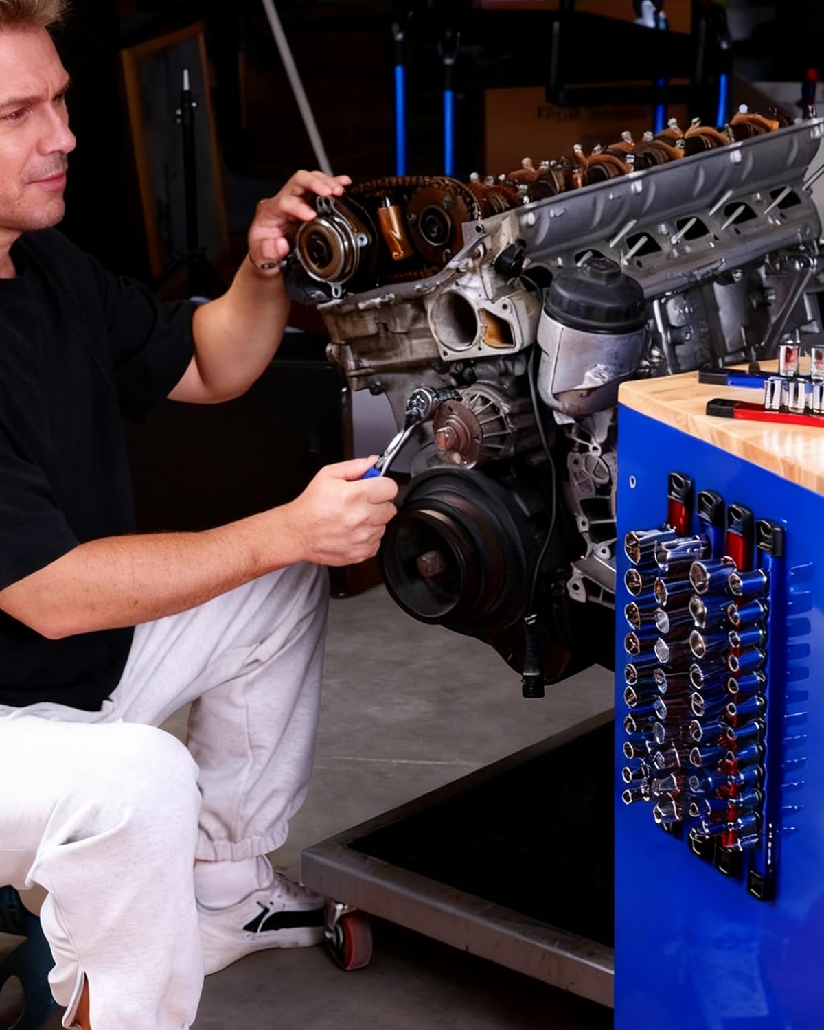 Magnetic socket organizer rail with sockets attached for quick access while working.