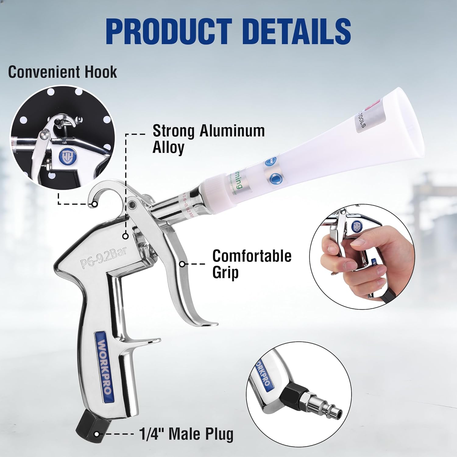 White air blow gun with comfortable grip, strong aluminum alloy body, and 1/4 male plug