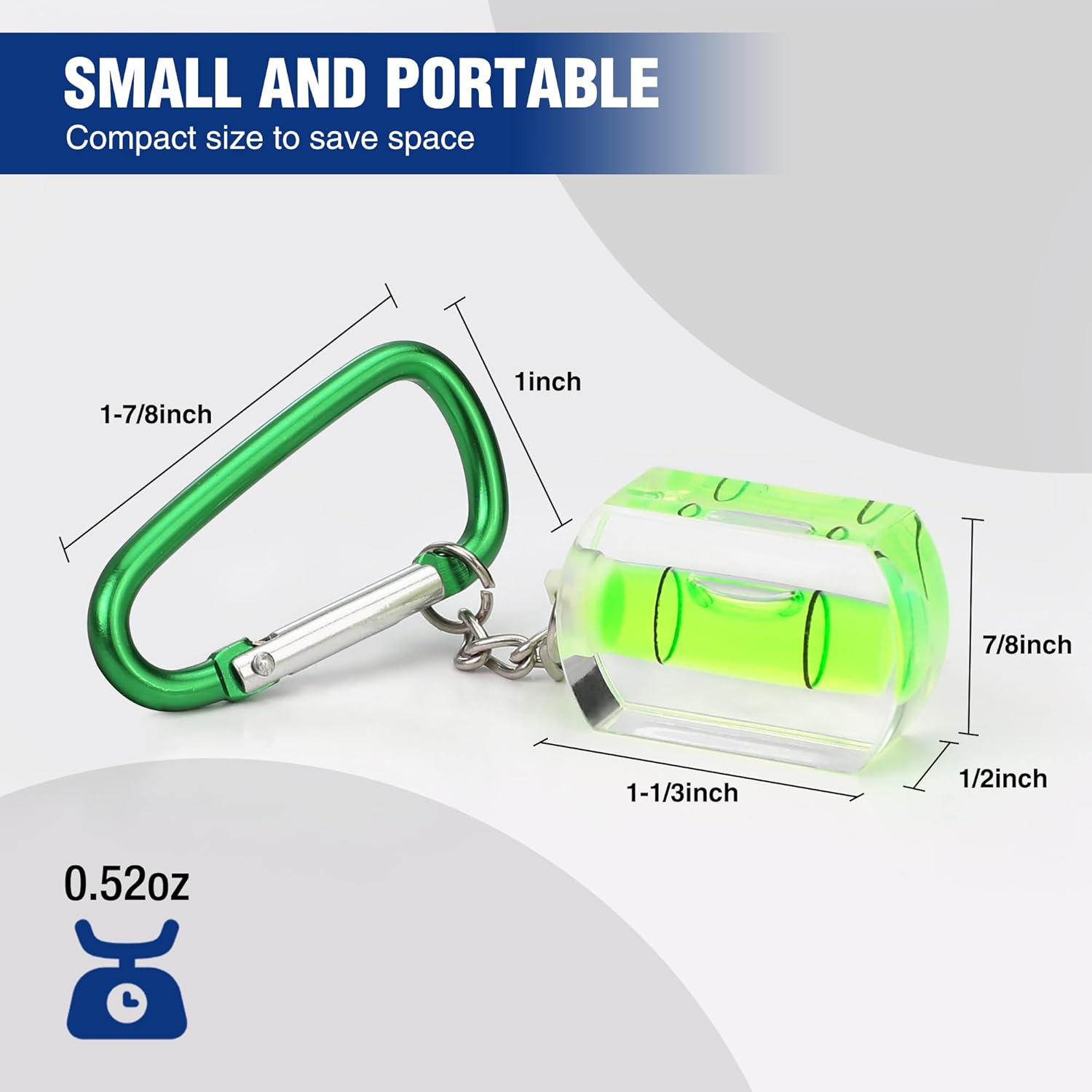 Portable keychain mini bubble level with green carabiner and neon vial