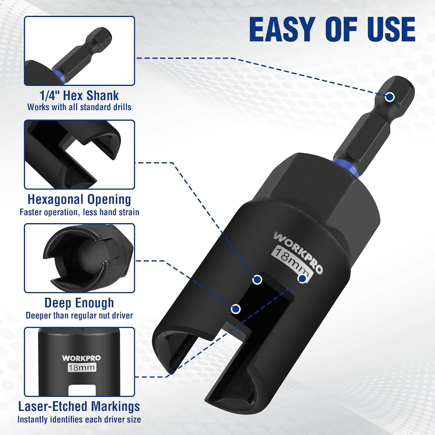 18mm wing nut driver bit with 1/4-inch hex shank and black socket body