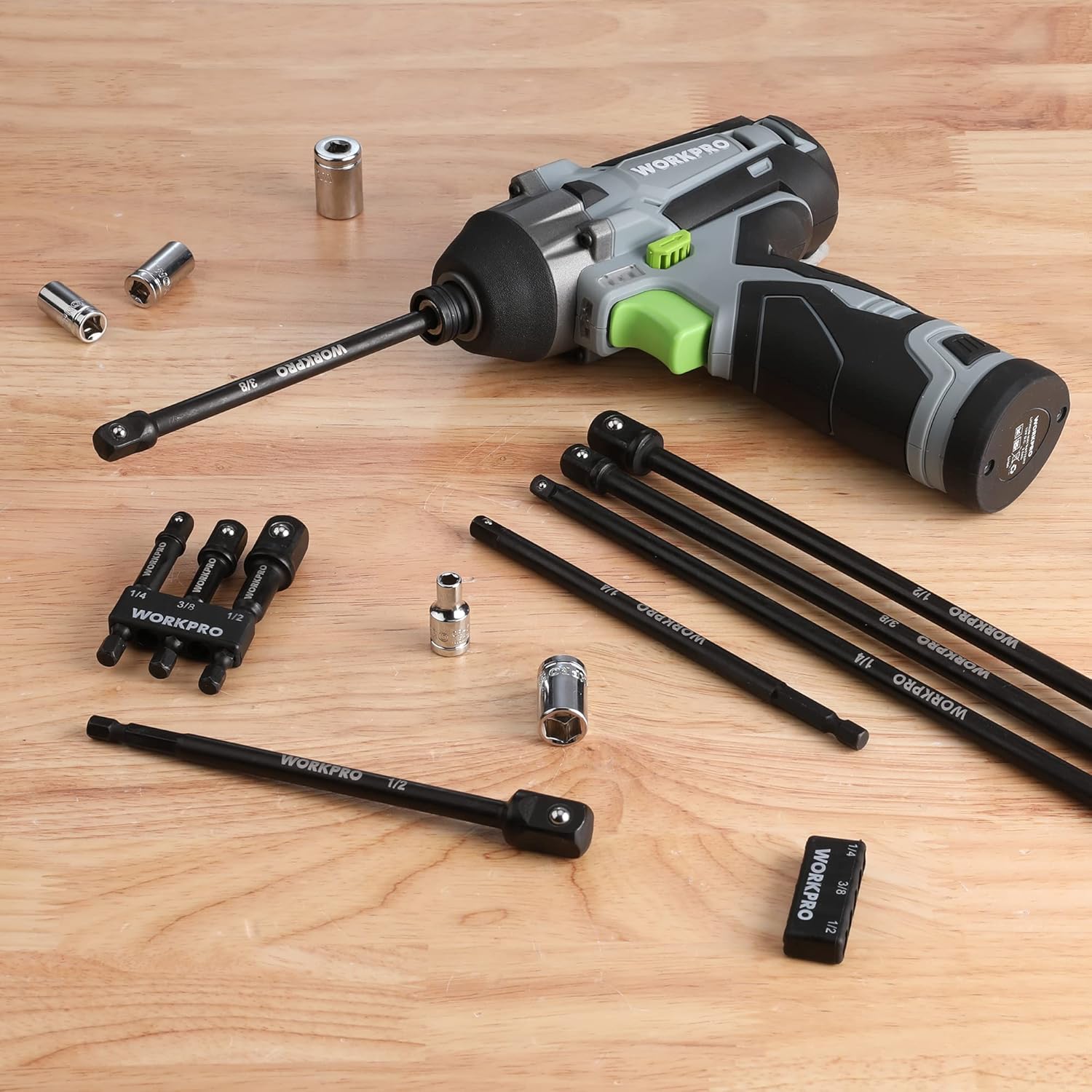 WORKPRO socket adapter extension set laid out, including drill socket adapters and hex bits